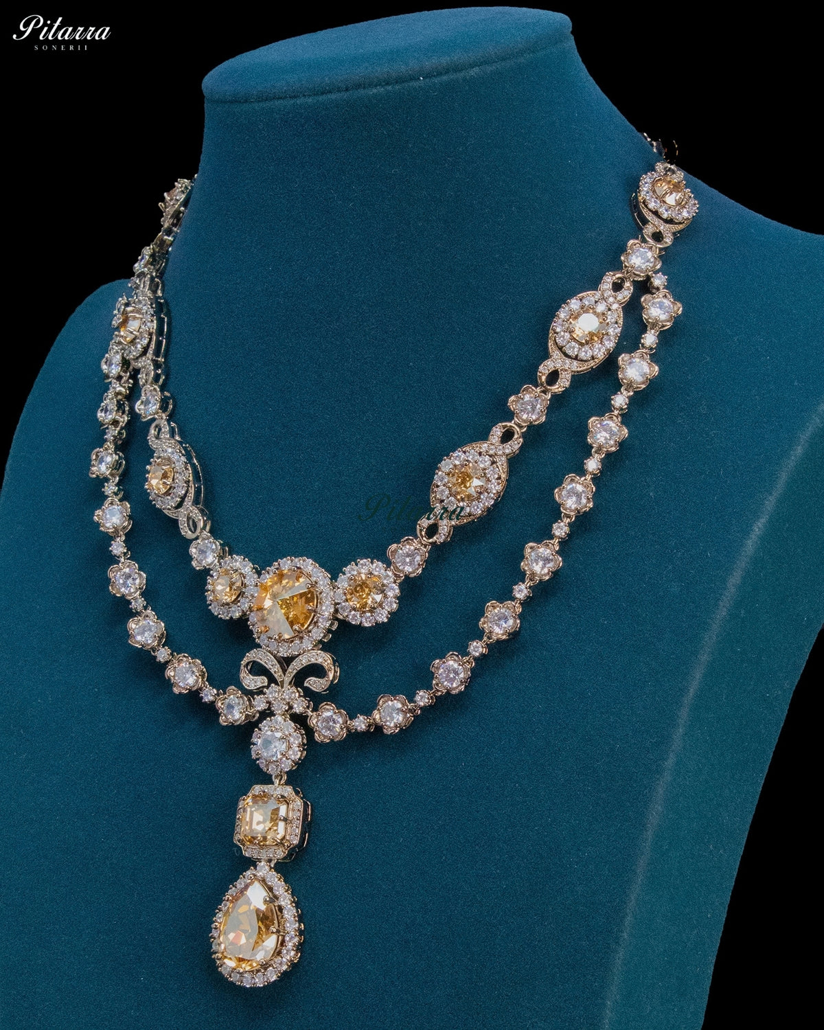 Champagne Crystal Double-Layer Teardrop Statement Necklace Set