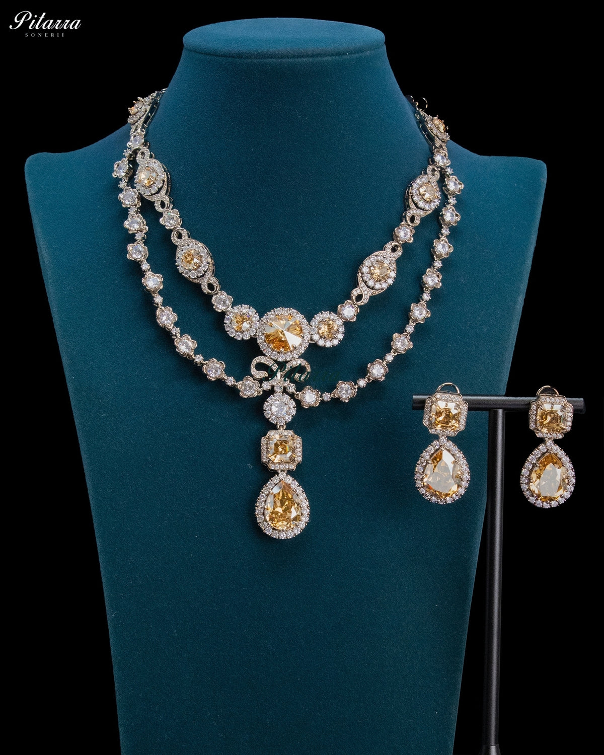 Champagne Crystal Double-Layer Teardrop Statement Necklace Set