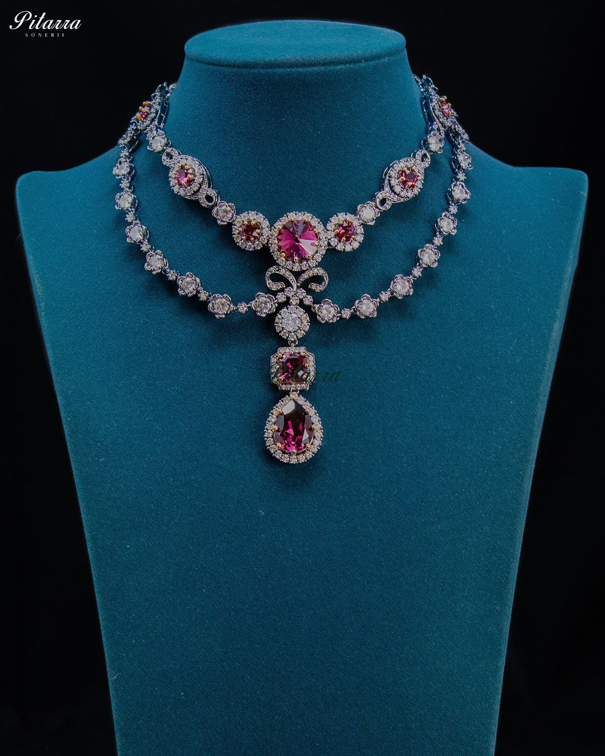 Ruby Crystal Double-Layer Teardrop Statement Necklace Set