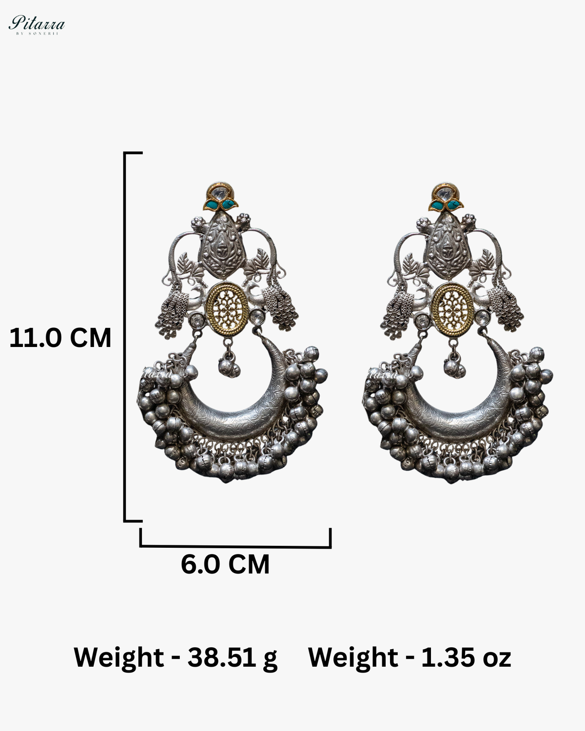 Dual Peacock Ghungroo Silver Look Alike Dangle Earrings