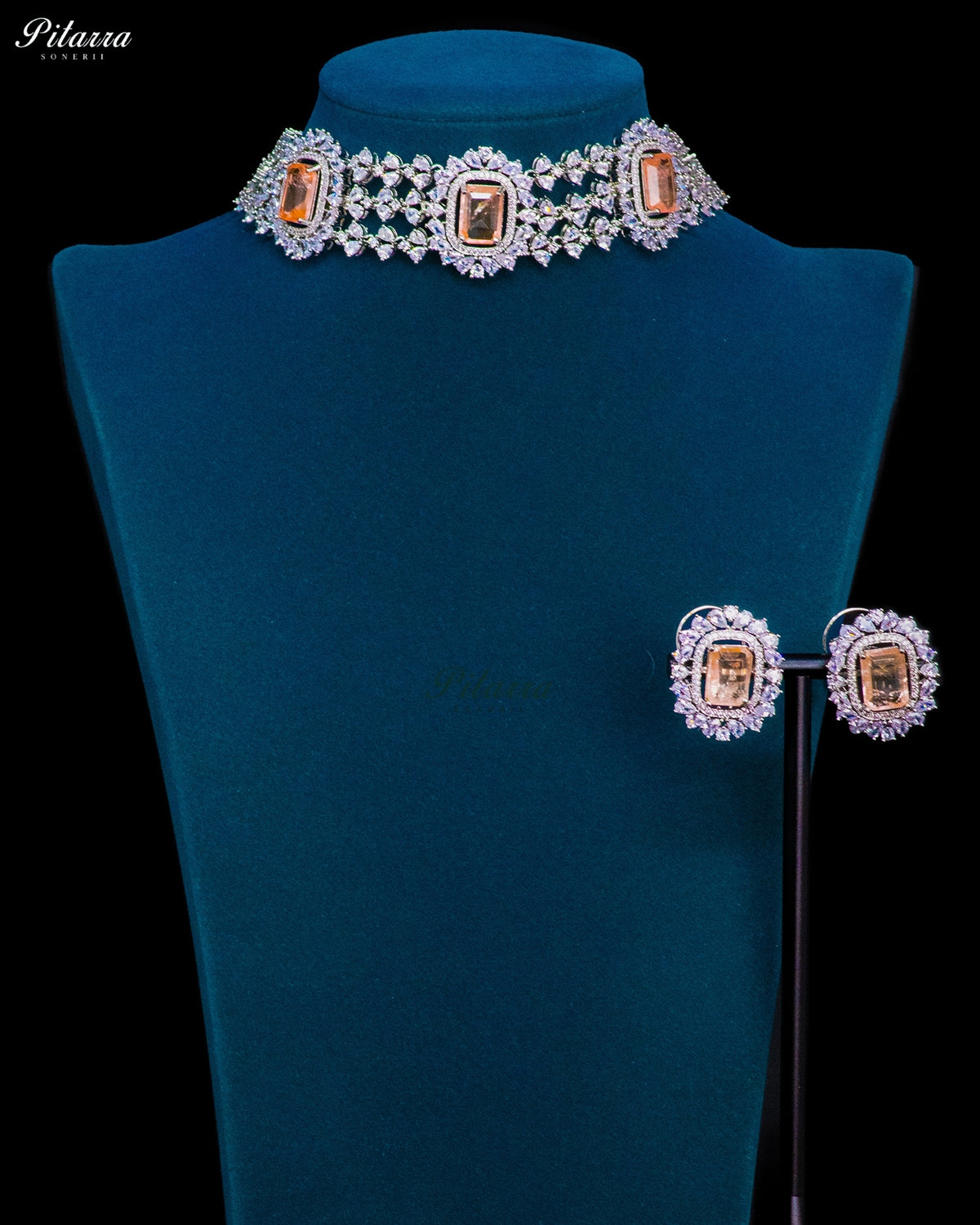 Champagne Stone Rectangular Zircon Silver Crystal Choker Necklace Set