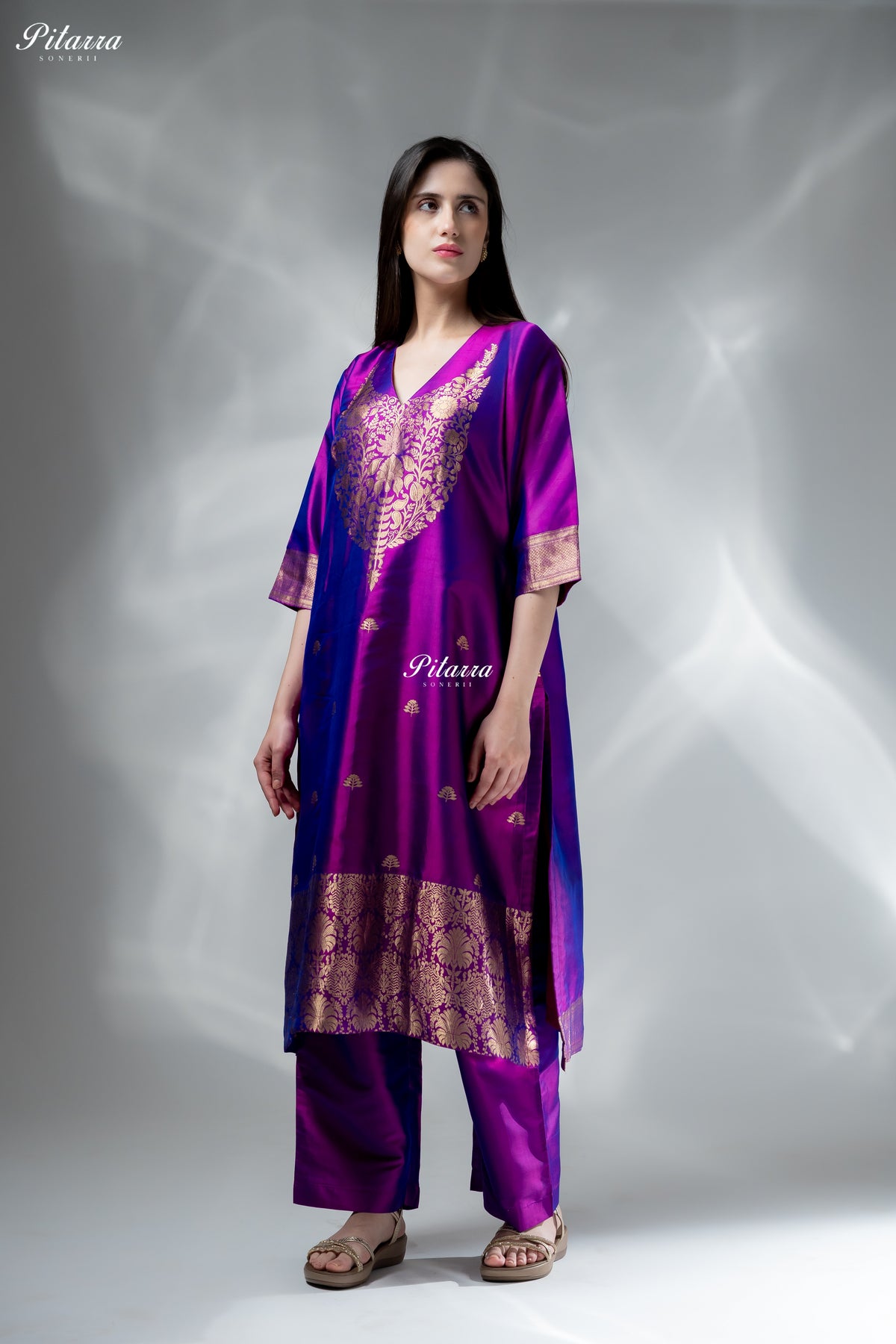 Royal Purple & Blue Gold Zari Floral Embroidered Kurta Palazzo Set