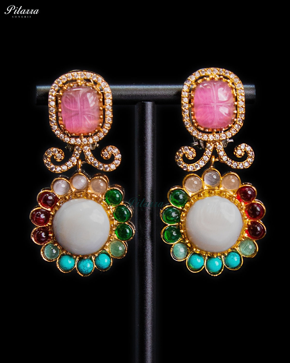 Pink Multicolor Kundan Style Gold Tone Traditional Dangler Earrings