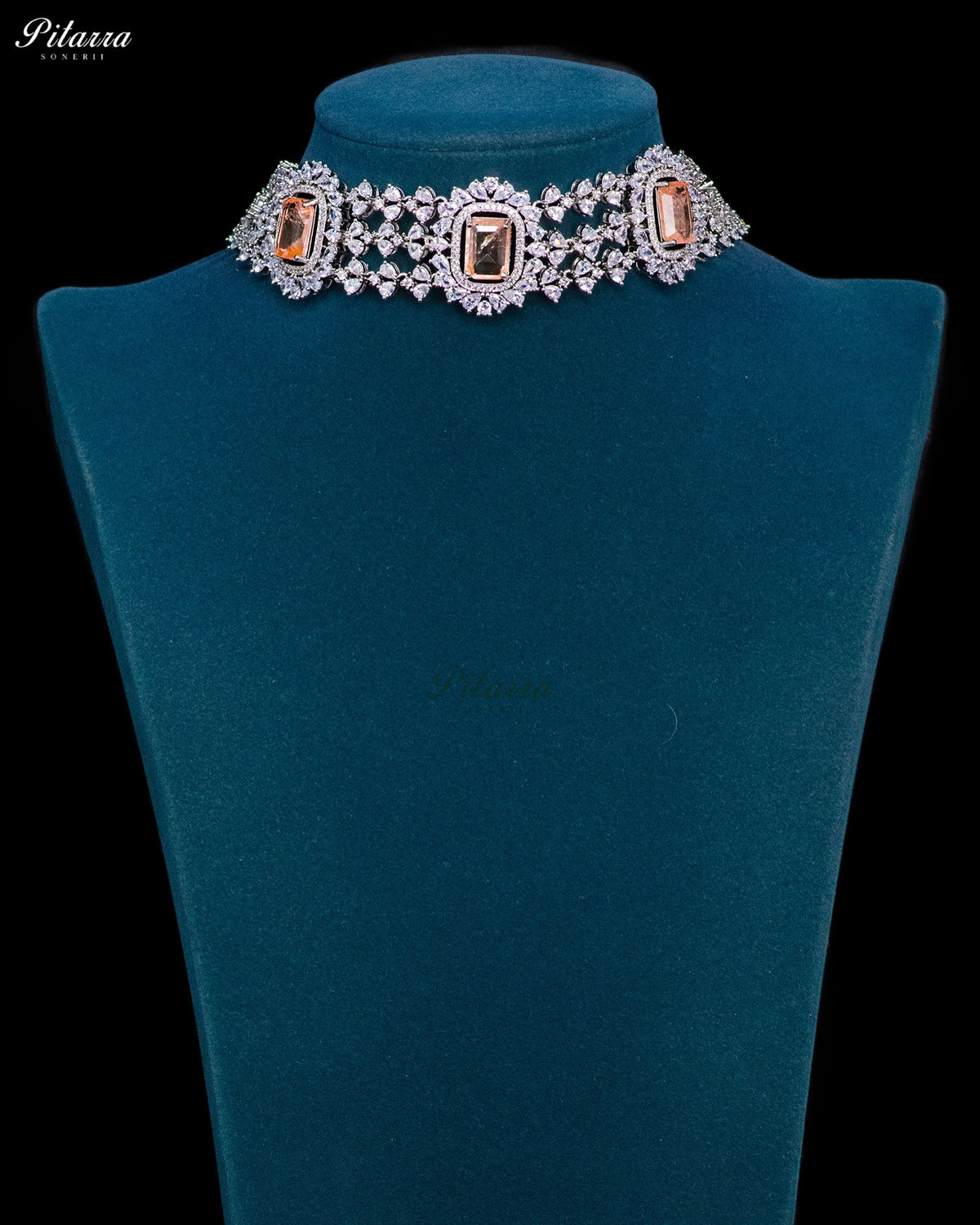 Champagne Stone Rectangular Zircon Silver Crystal Choker Necklace Set