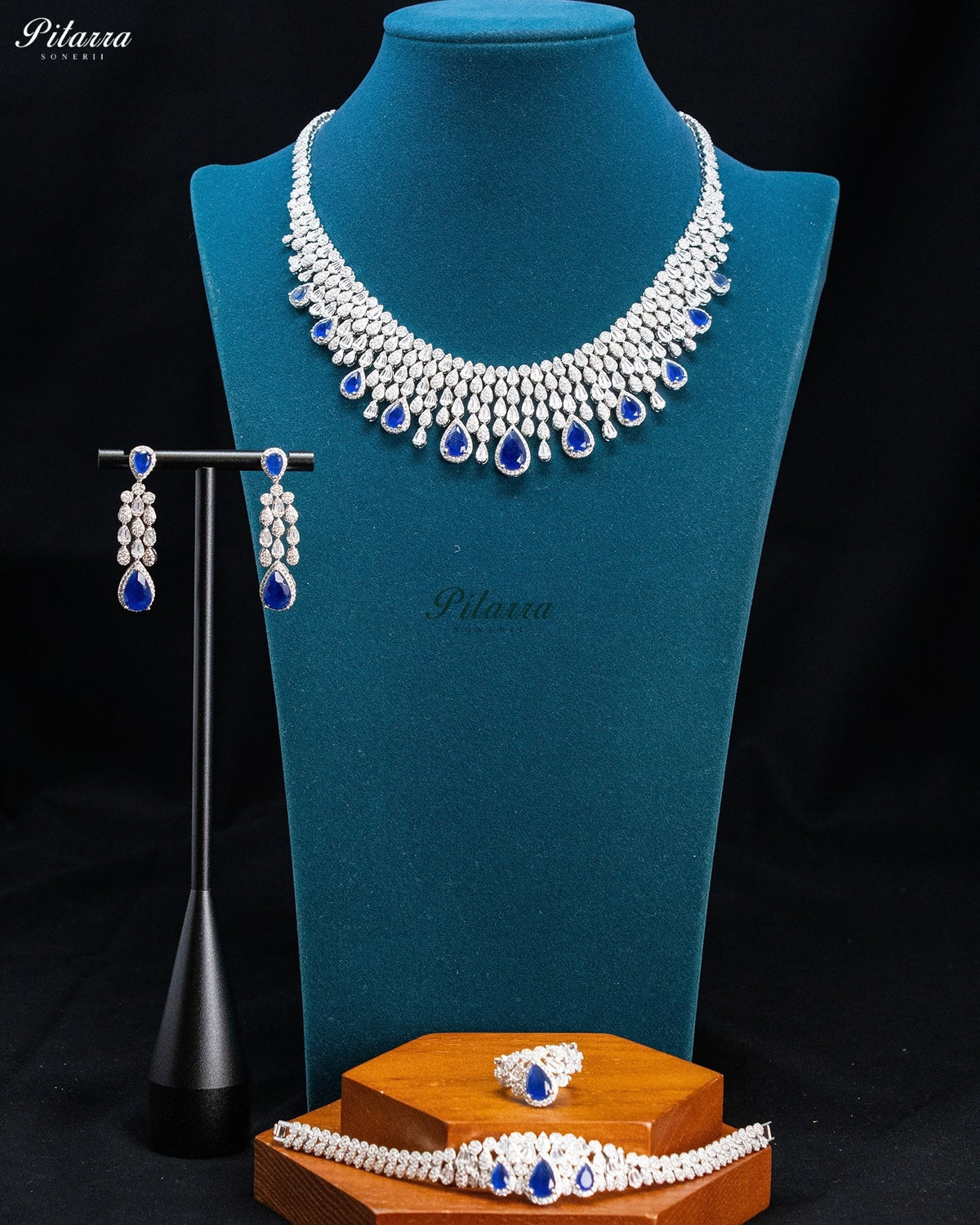 Royal Blue Teardrop Crystal Bridal Necklace Set