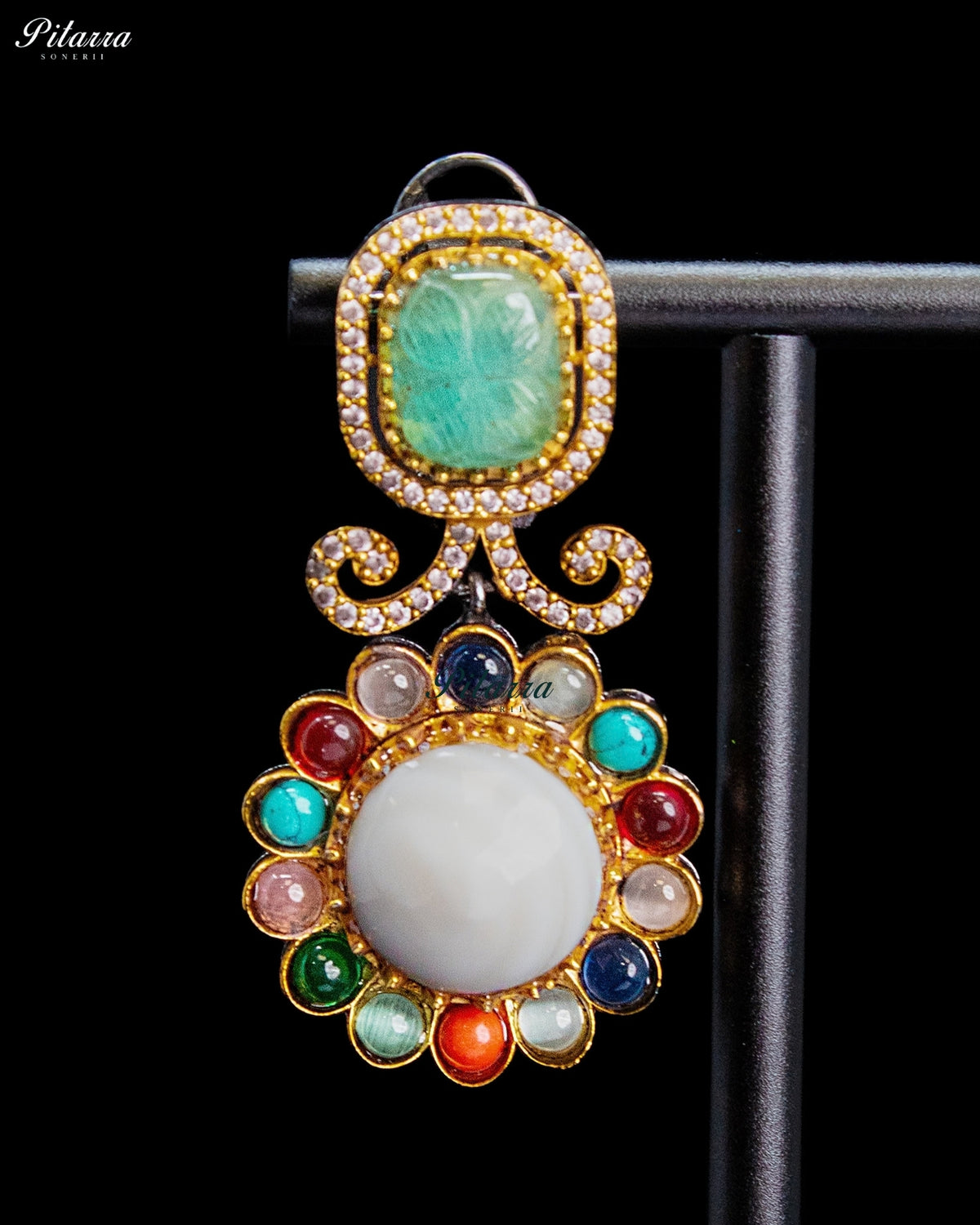Mint Green Multicolor Kundan Style Gold Tone Ethnic Dangler Earrings