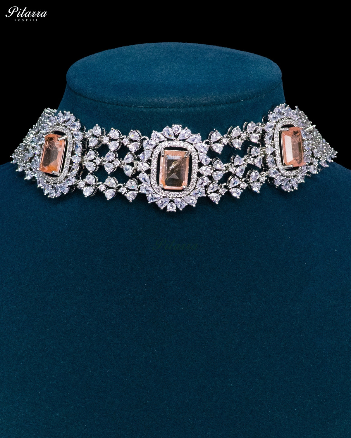 Champagne Stone Rectangular Zircon Silver Crystal Choker Necklace Set