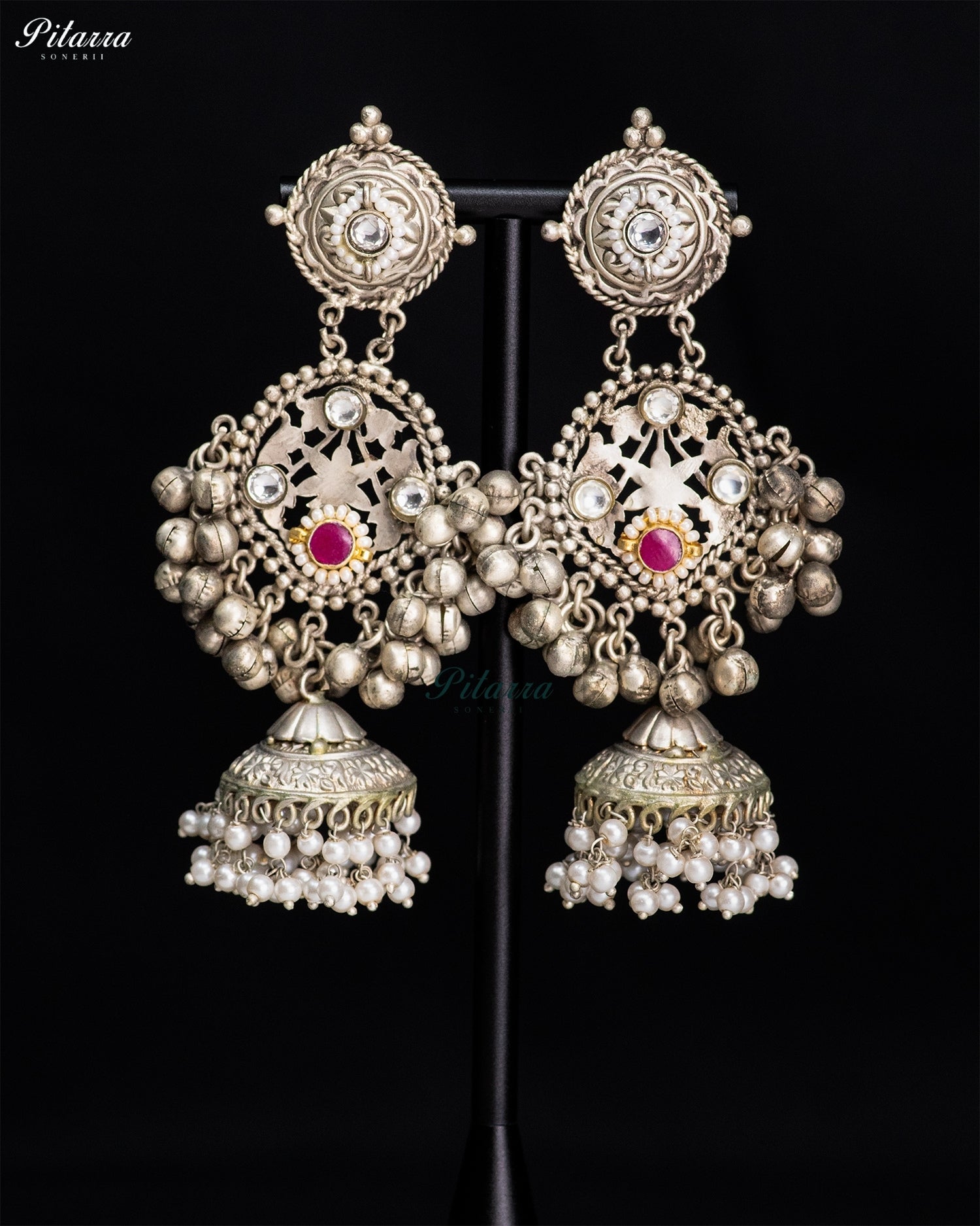 Pink Stone Silver Look-Alike Pearl Jhumka Earrings