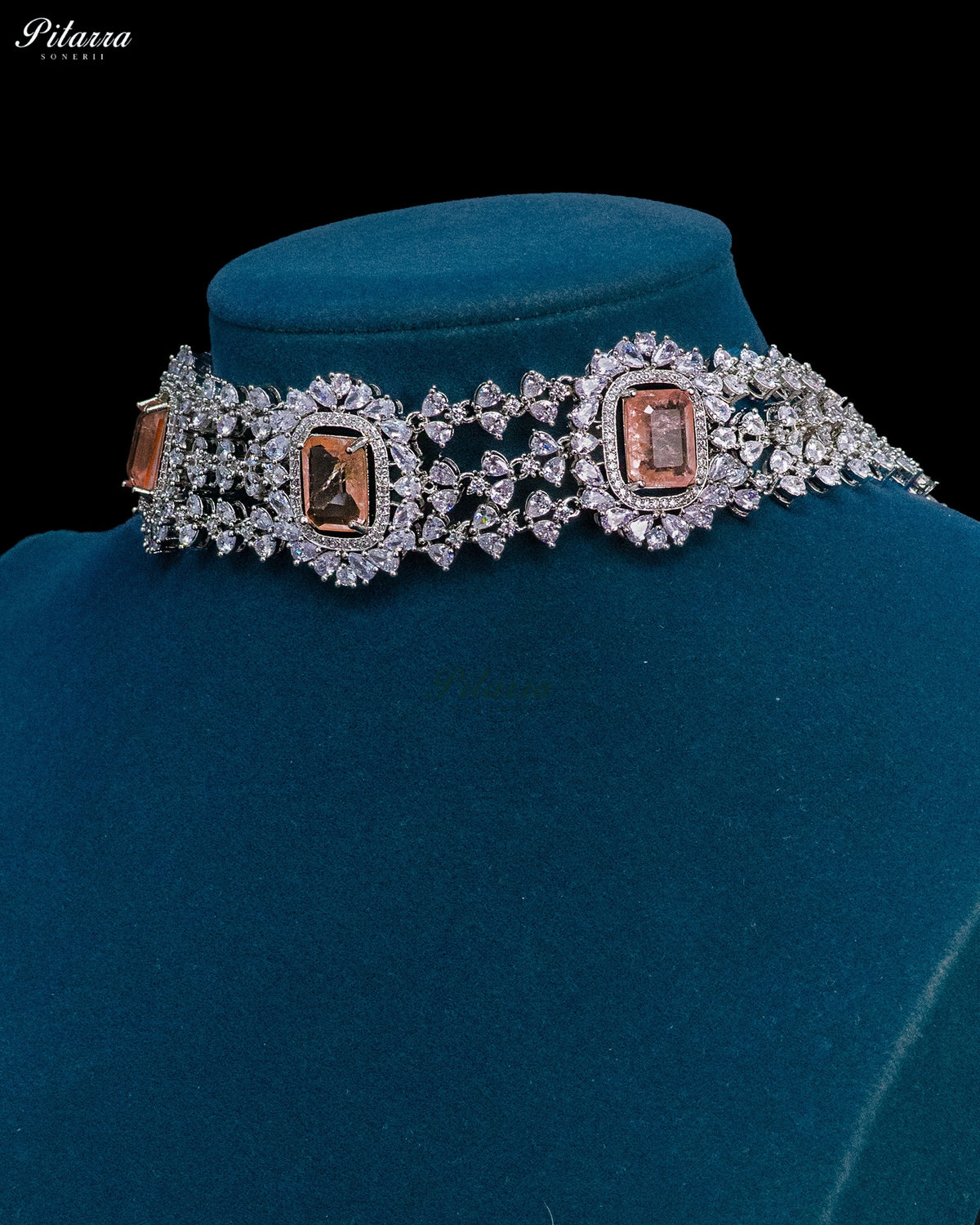 Champagne Stone Rectangular Zircon Silver Crystal Choker Necklace Set