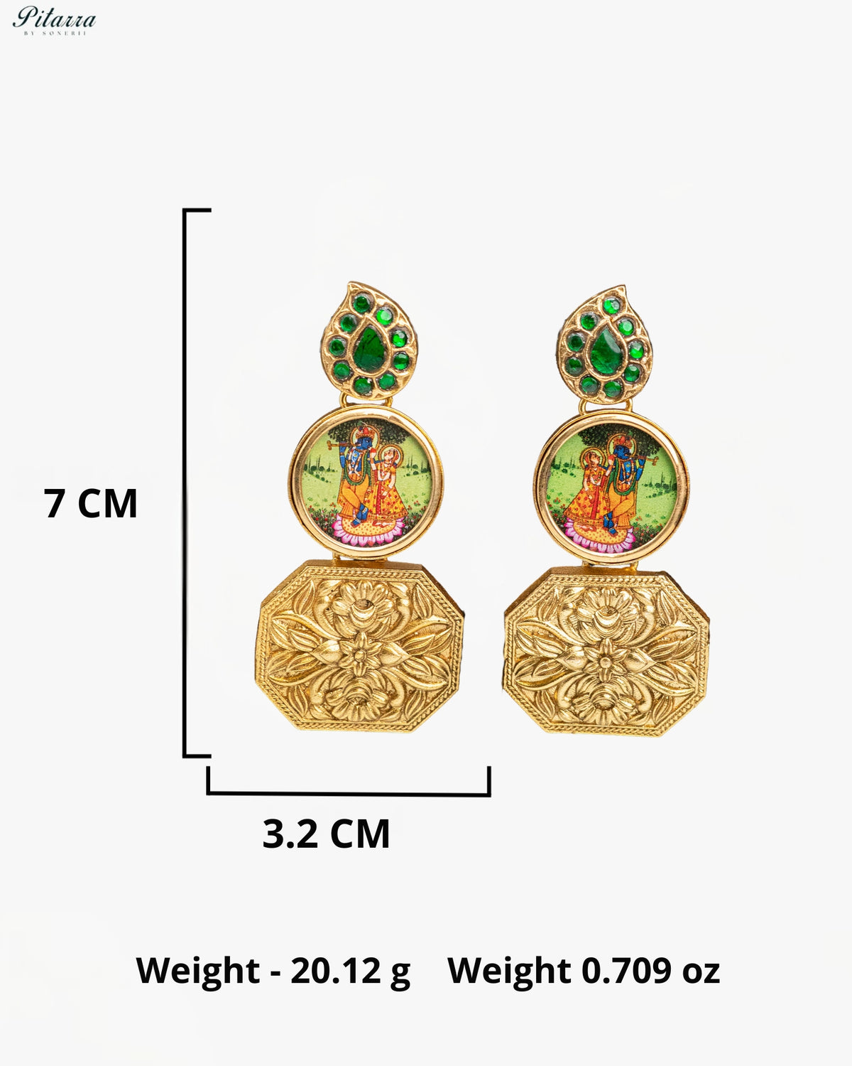Radha Krishna Green Gold Tone Kundan Earrings
