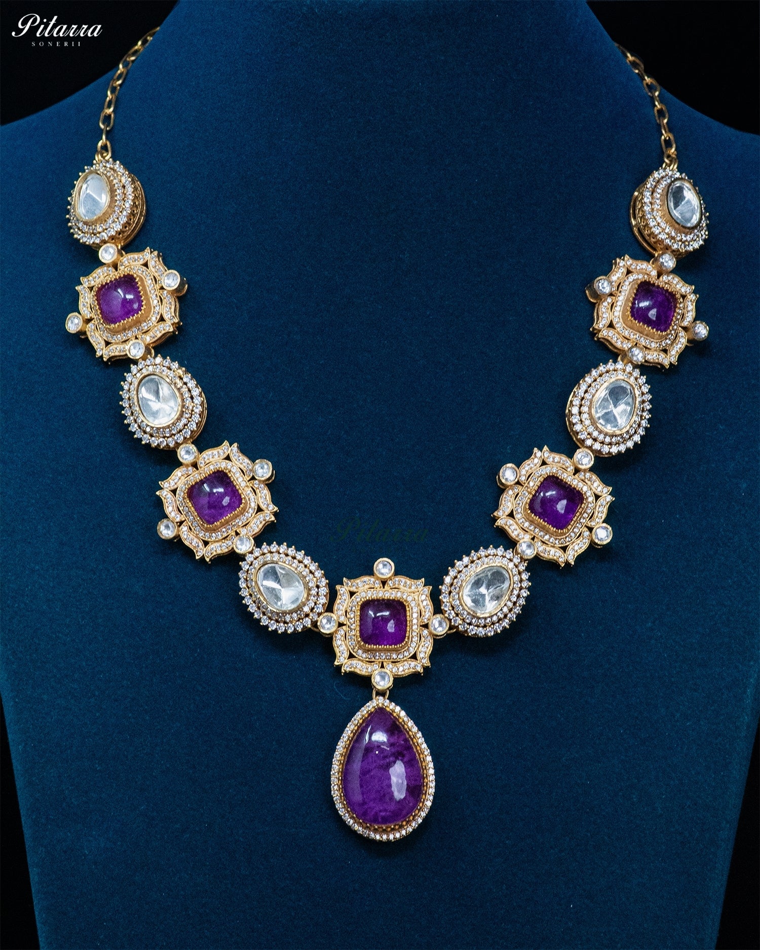 Purple Square and Teardrop Kundan Necklace Set