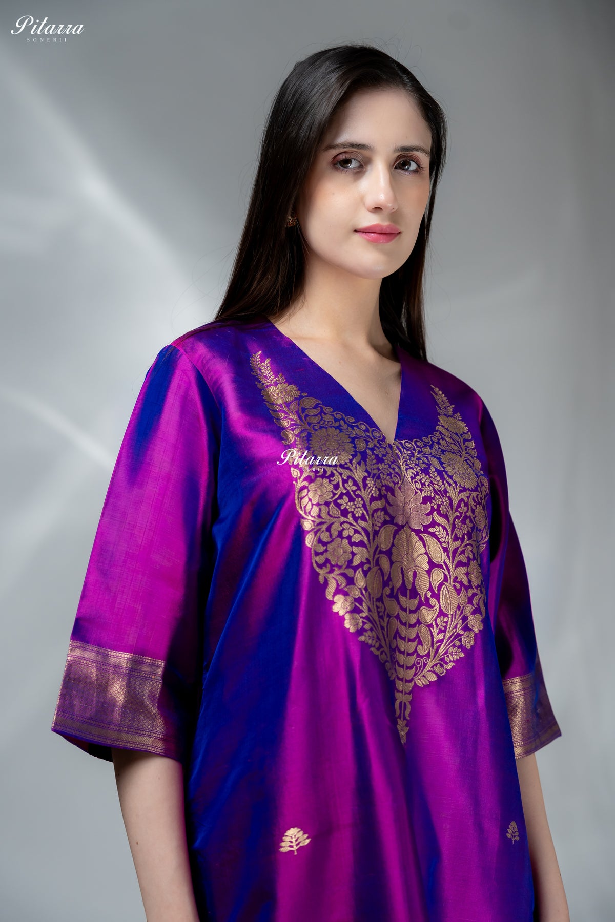 Royal Purple & Blue Gold Zari Floral Embroidered Kurta Palazzo Set