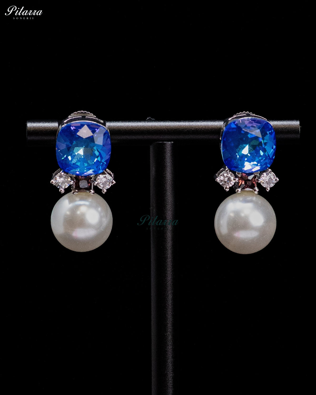 Royal Blue Crystal Pearl Drop Earrings