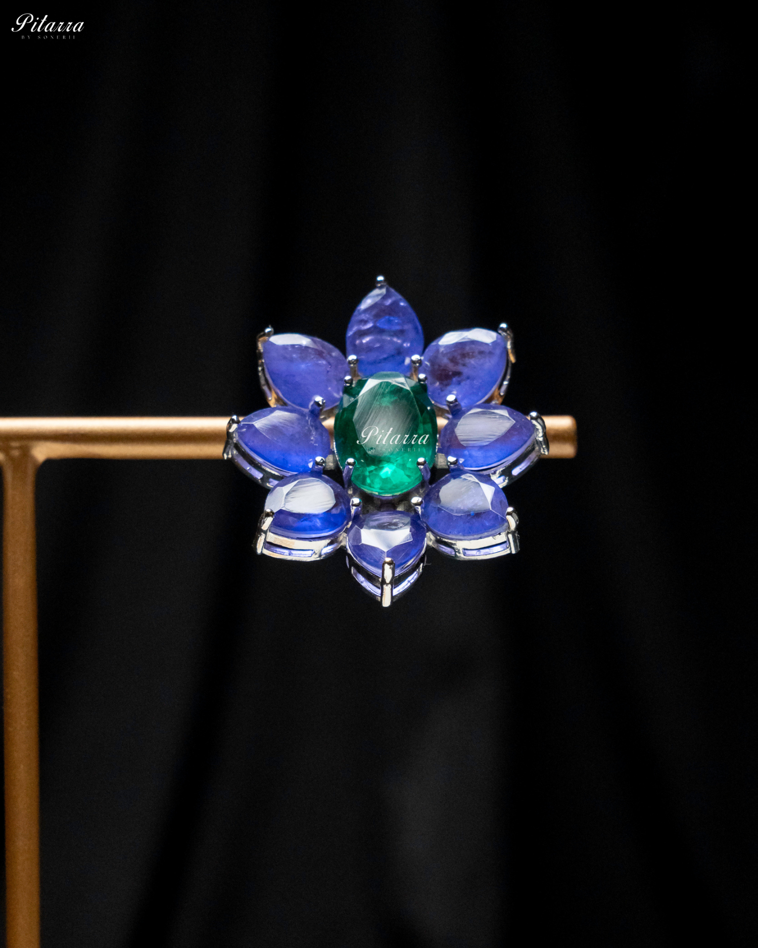 Emerald Floral Cobalt Blue Petals CZ Crystal Stud Earrings