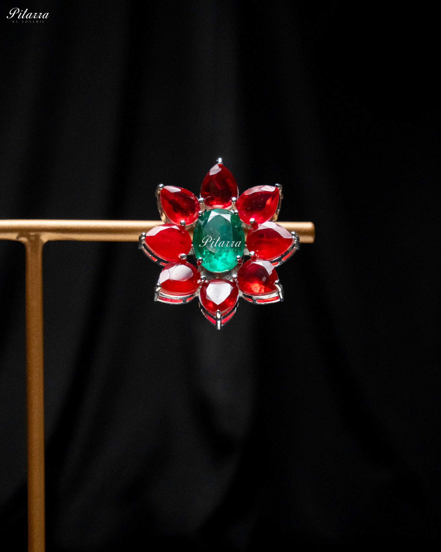 Emerald Floral Red Petals CZ Doublet Stud Earrings