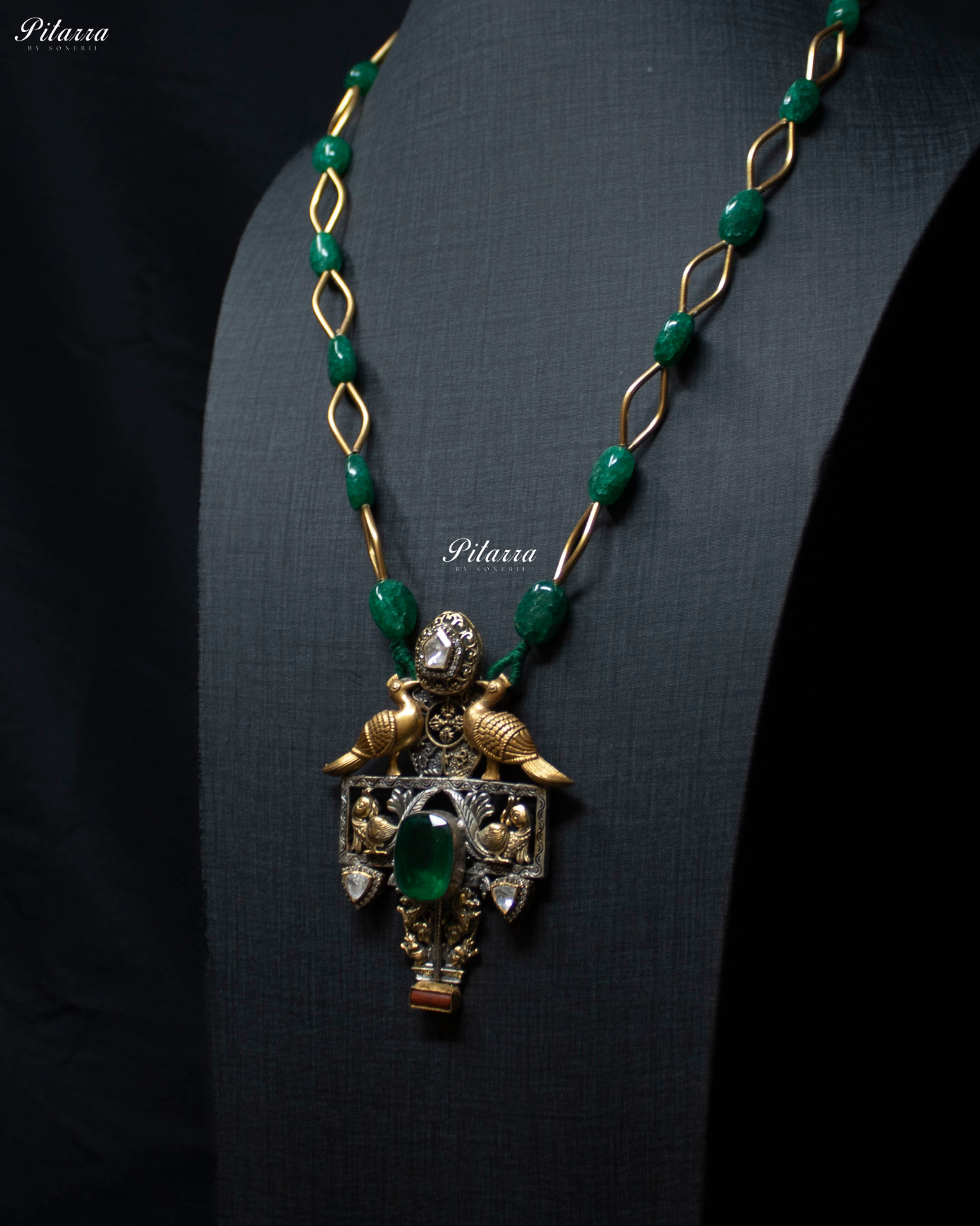 Peacock Motifs Green Links Beads 92.5 Silver Necklace