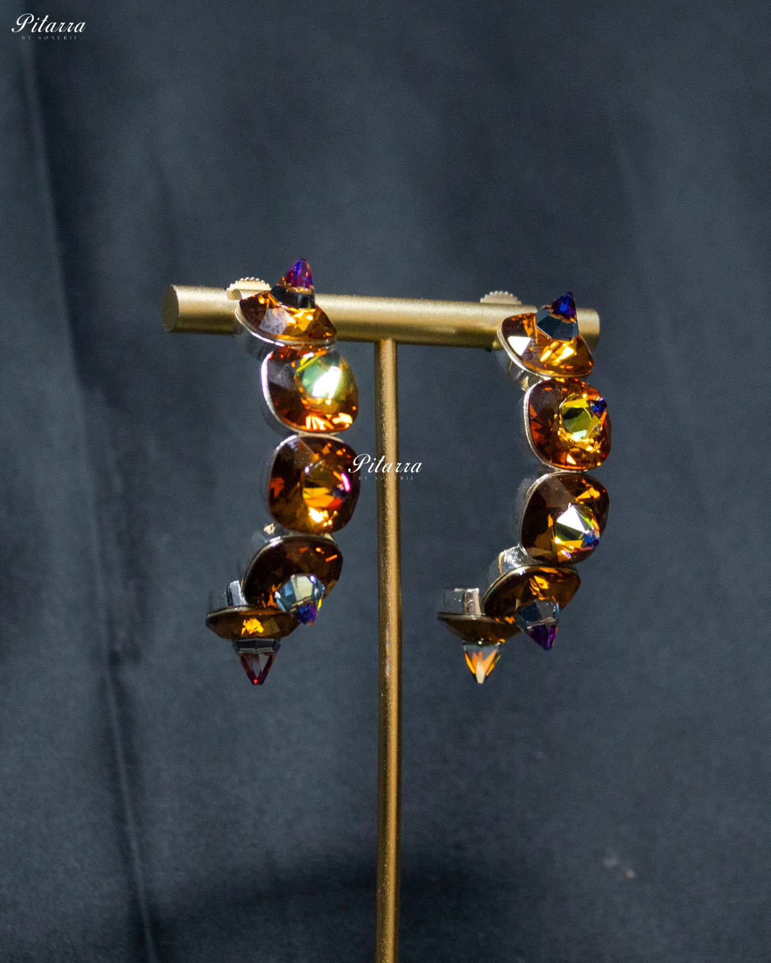 Gold Stone Pyramid Cut Crystal Hoop Earrings