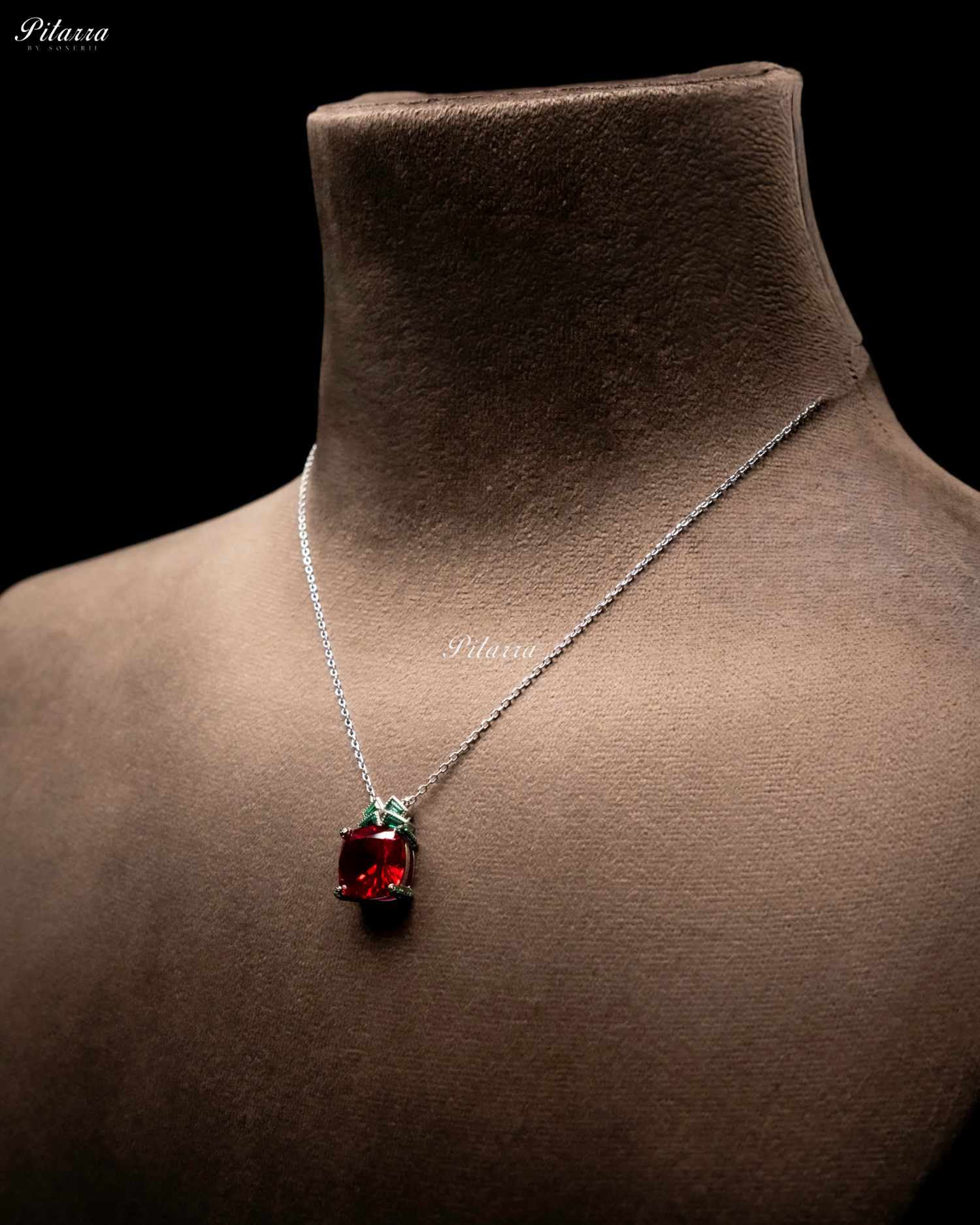 Ruby Red 92.5 Silver Plated Chain Pendent Necklace Set