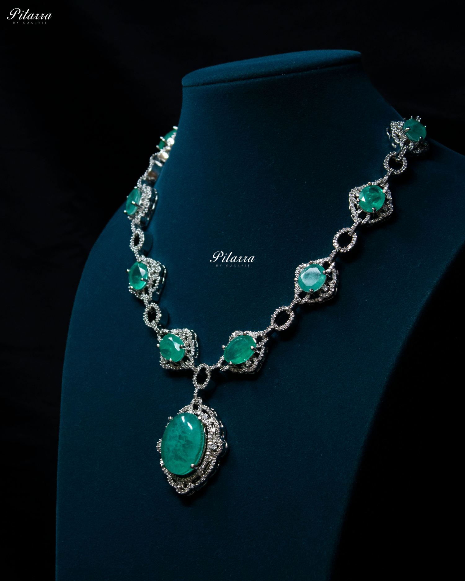 Mint color Stone Silver Finish Tone Crystal Necklace Set