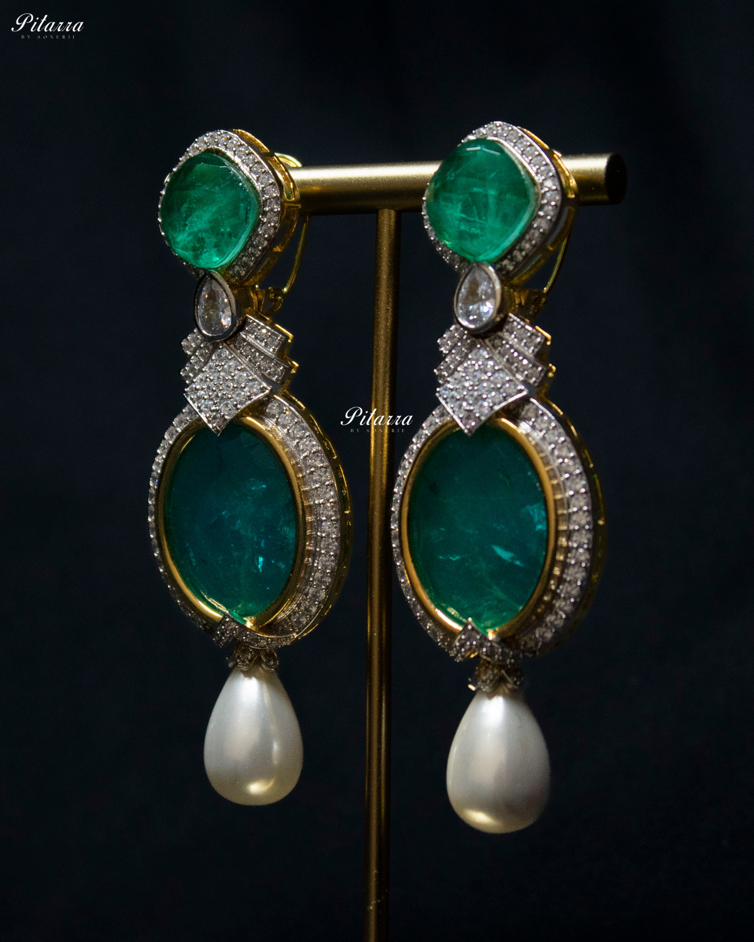 Green Pearl Stone Silver CZ Dangler Earrings