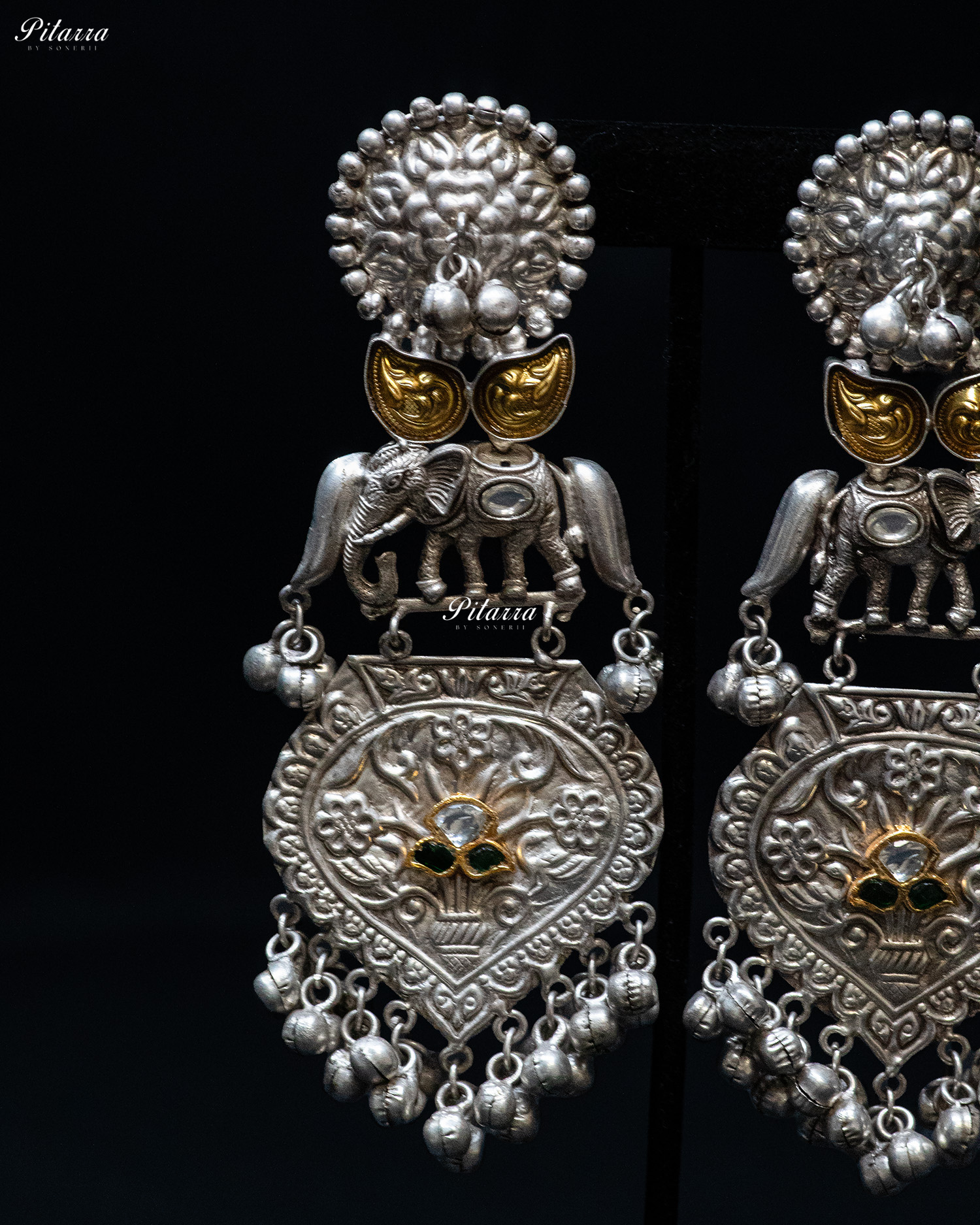 Elephant Stone Dark Green Center Stone Silver Look Alike Dangler Earrings