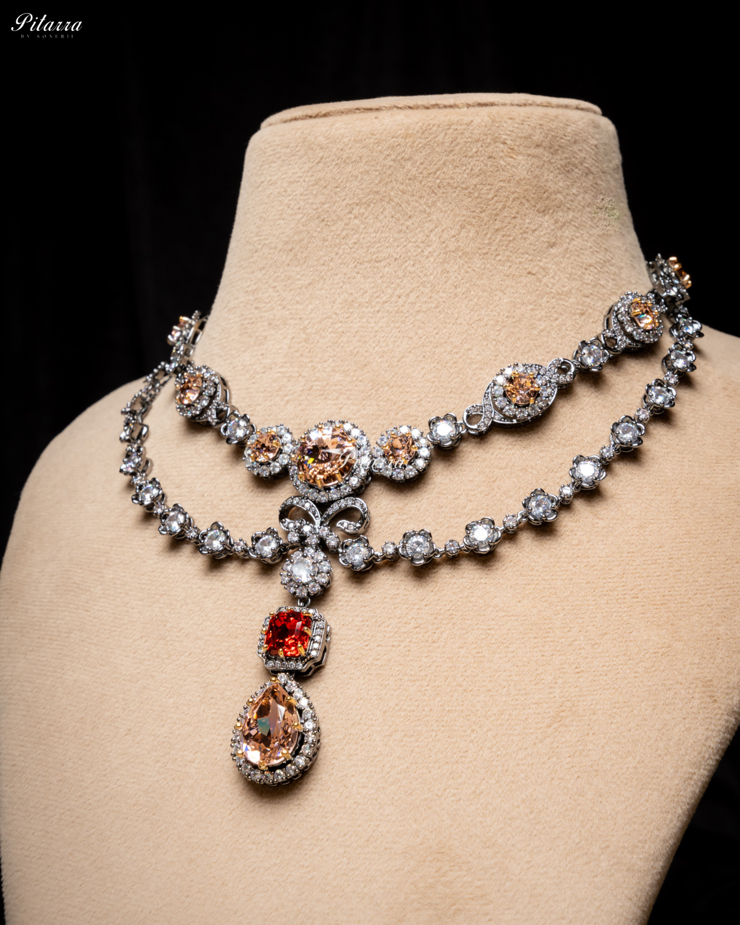 Multicolor Two Layer Silver CZ Victorian black polish Necklace Set