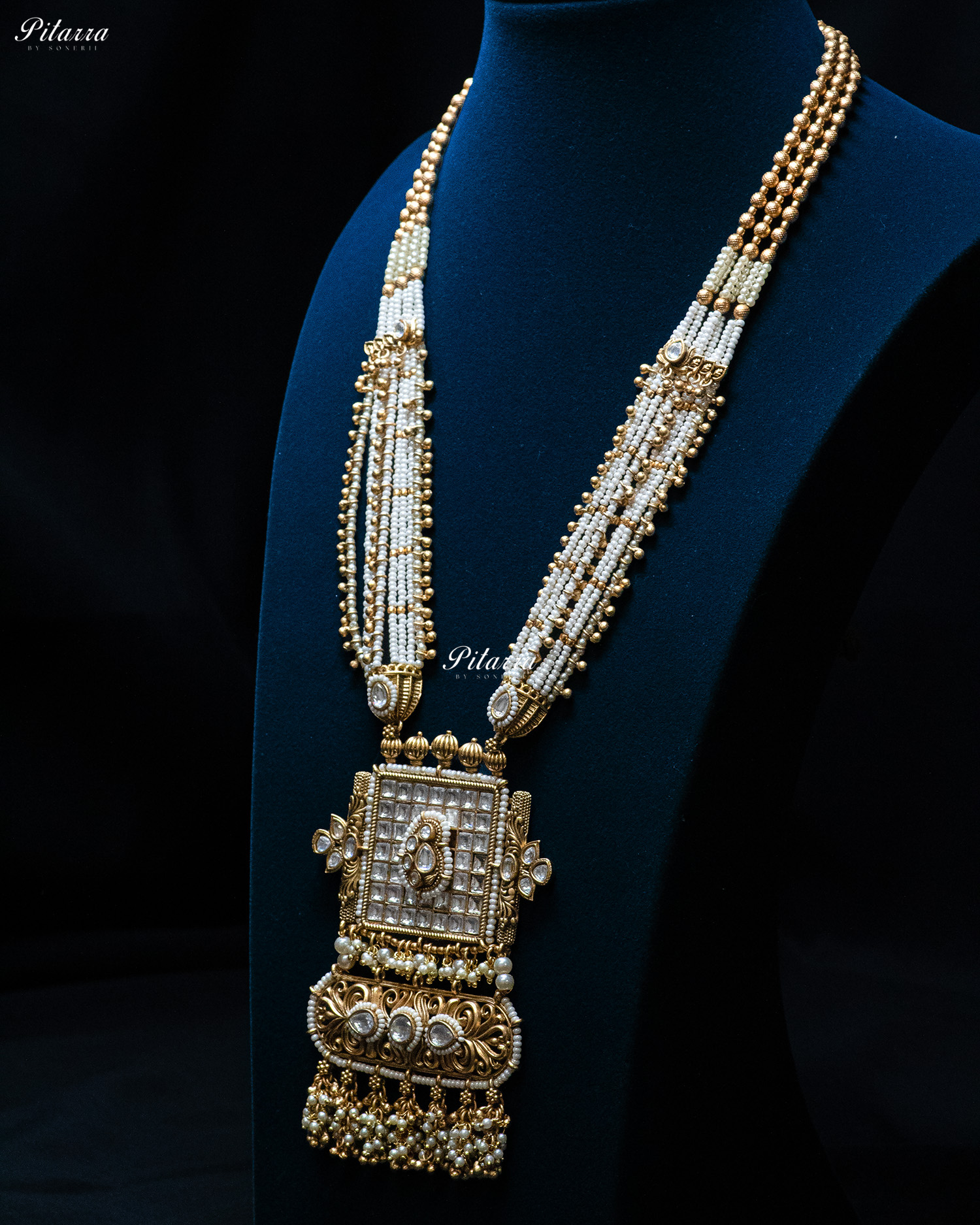 Golden White Stone Multi Strand Long Kundan Necklace Set