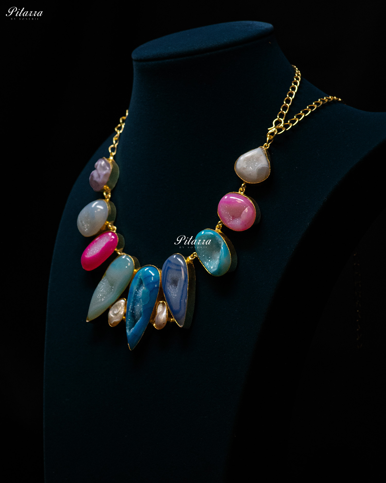 Gold Plated Multi Colored Sculptural Stone Statement Necklace