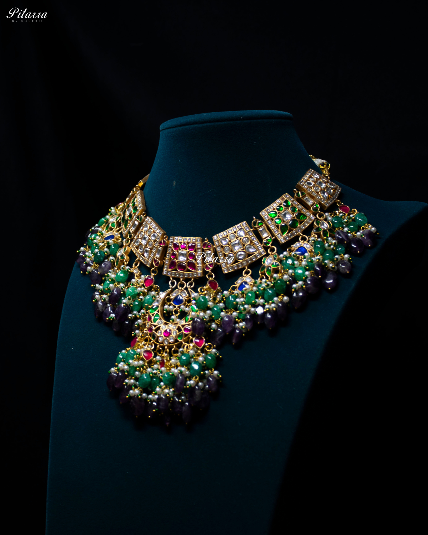 Multi Coloured Green Beads Exclusive Kundan Necklace Set