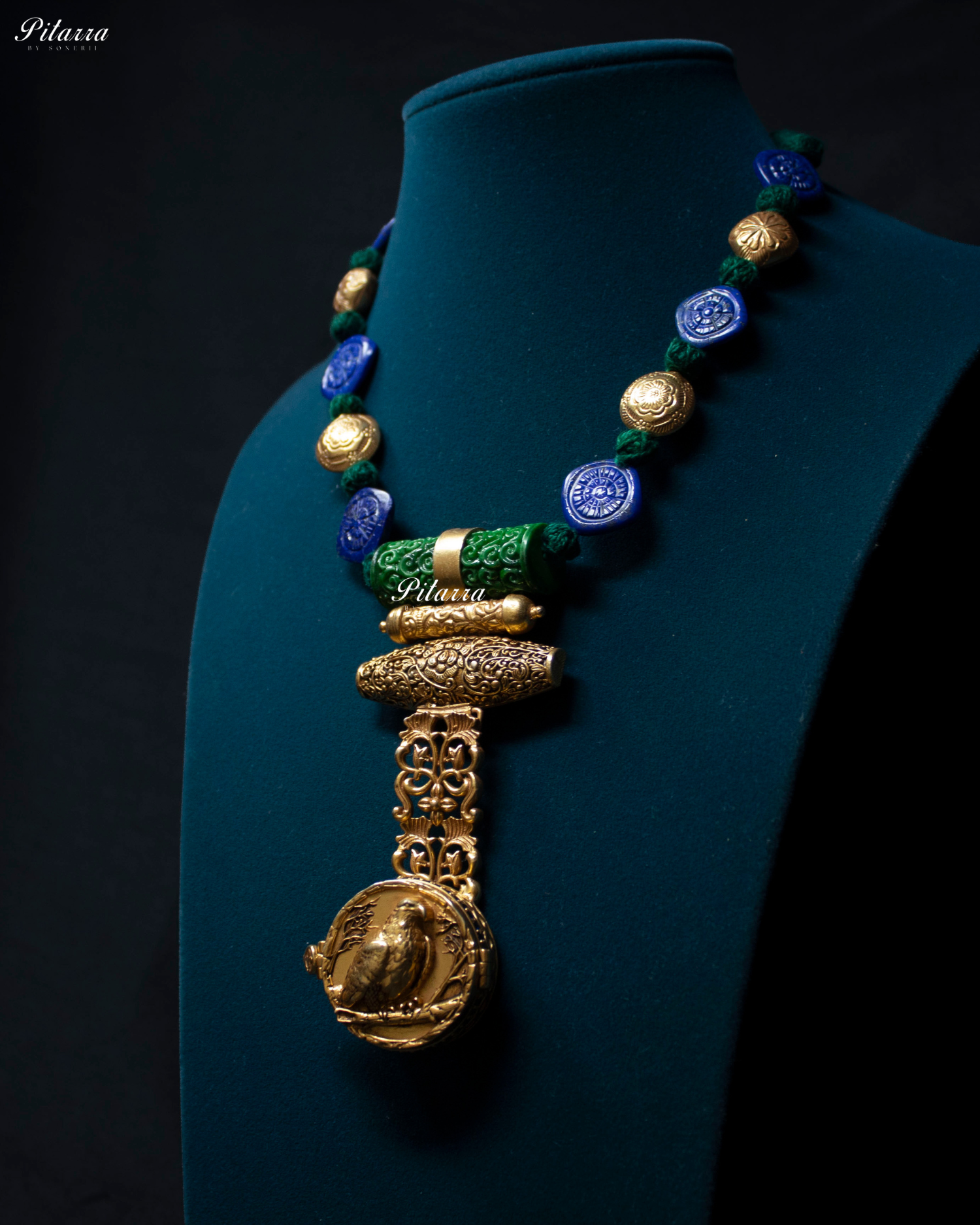 Gold and Green Beaded Detail 92.5 Sliver Necklace