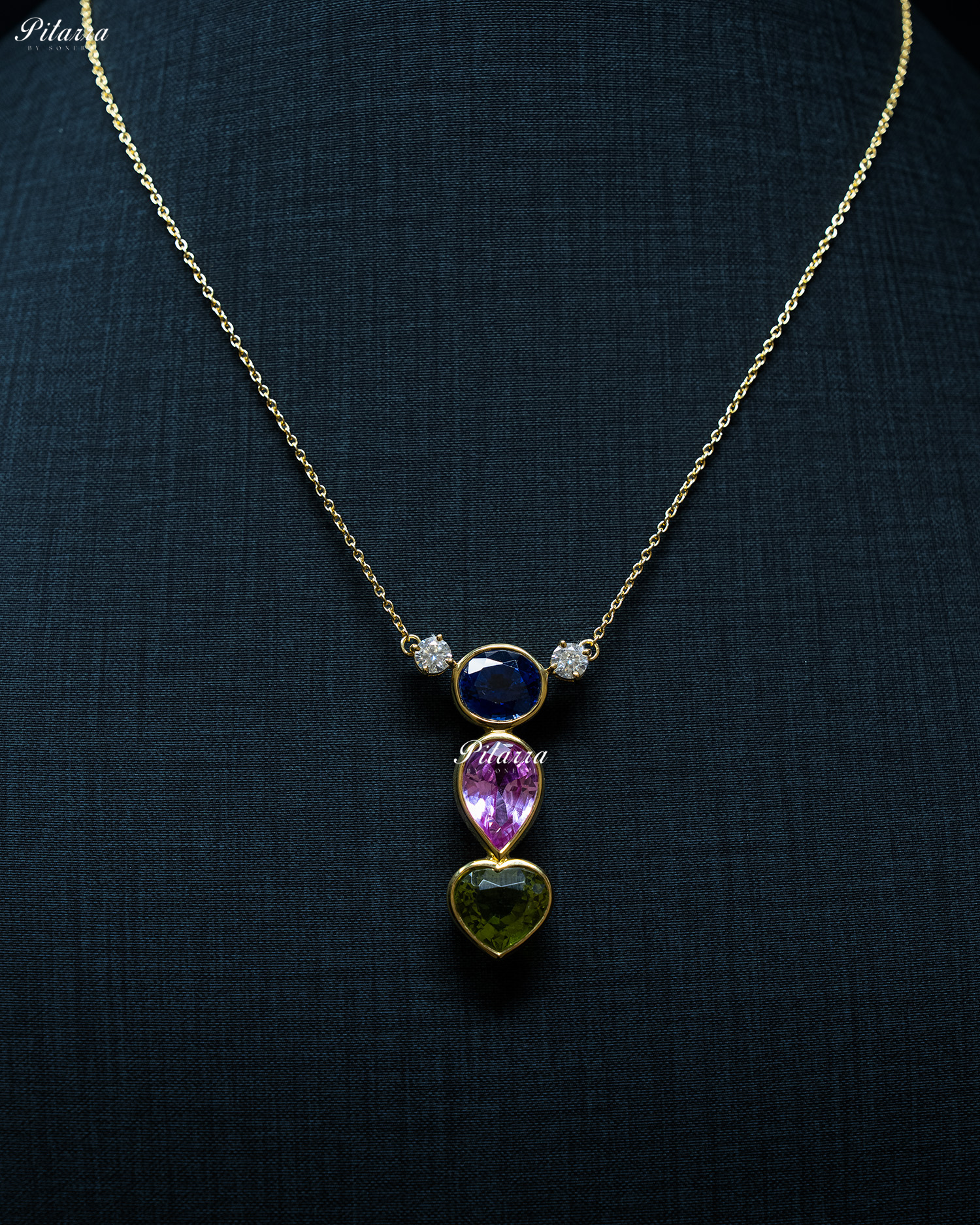 Gold Chain Round Blue Top Stone Green Heart Drop Pendent Set