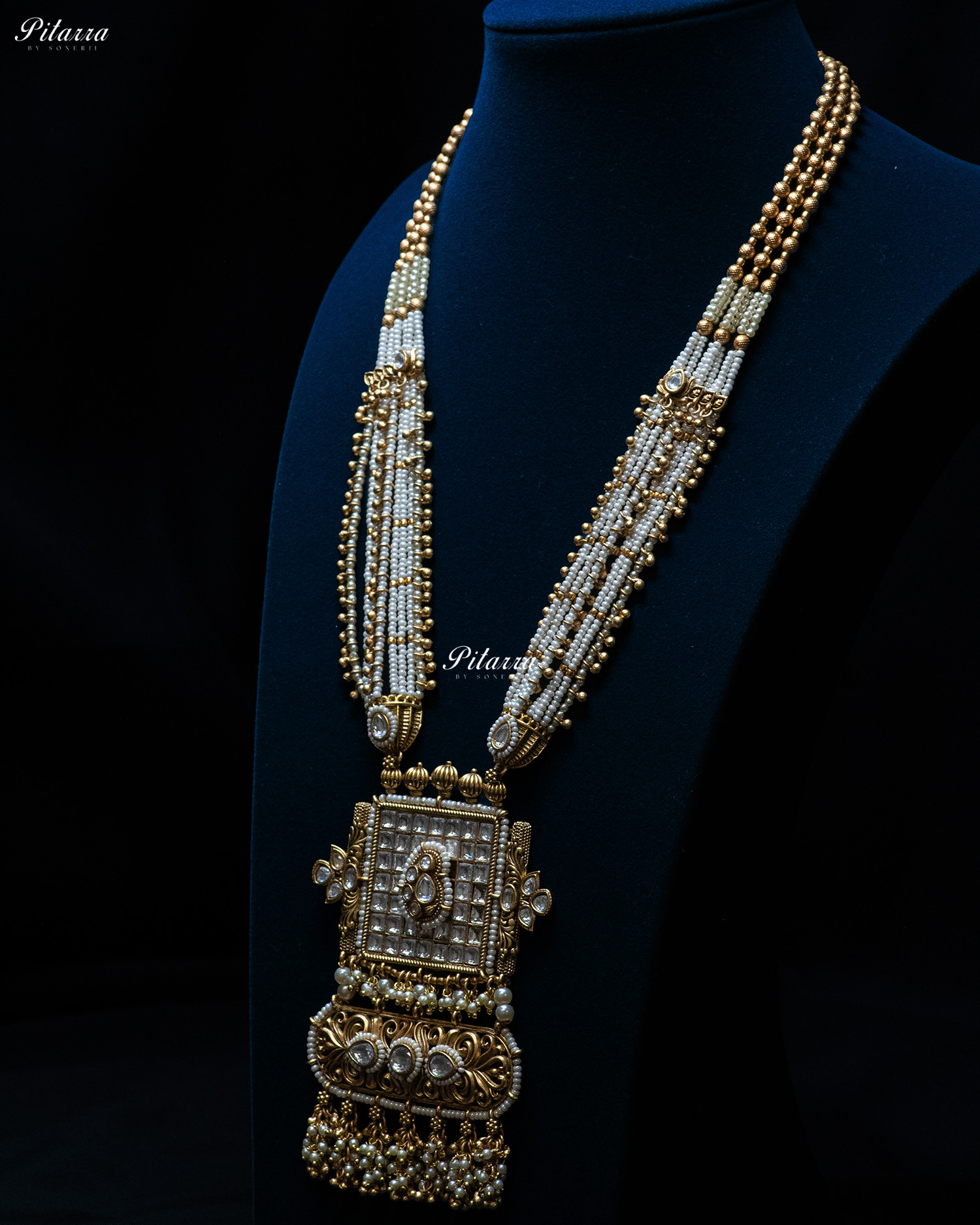 Golden White Stone Multi Strand Long Kundan Necklace Set