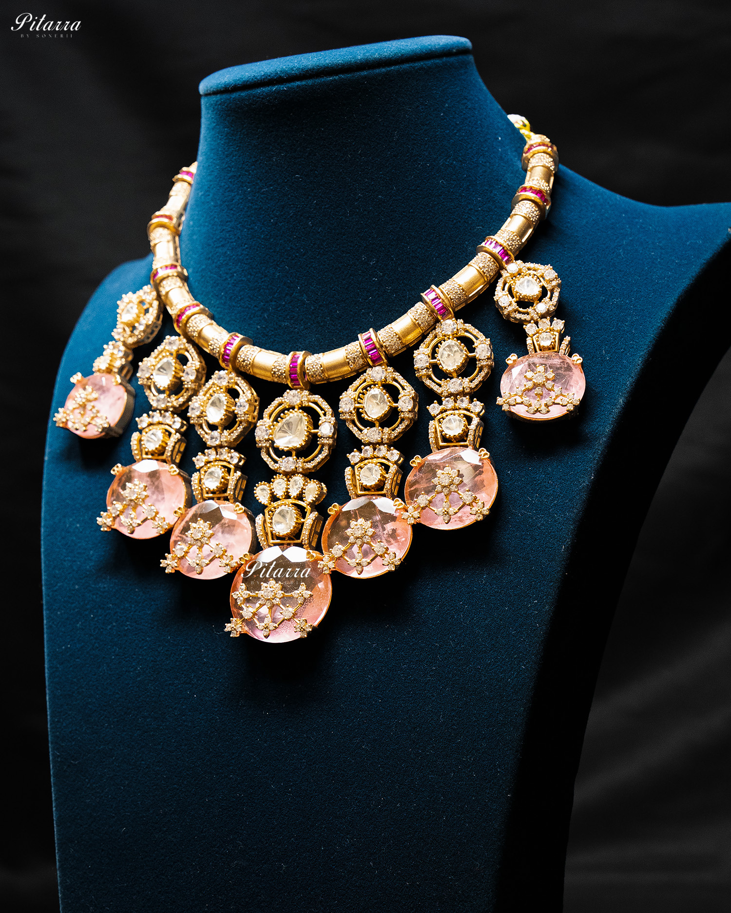 Peach Big Stone Victorian Polki Kundan Necklace Set
