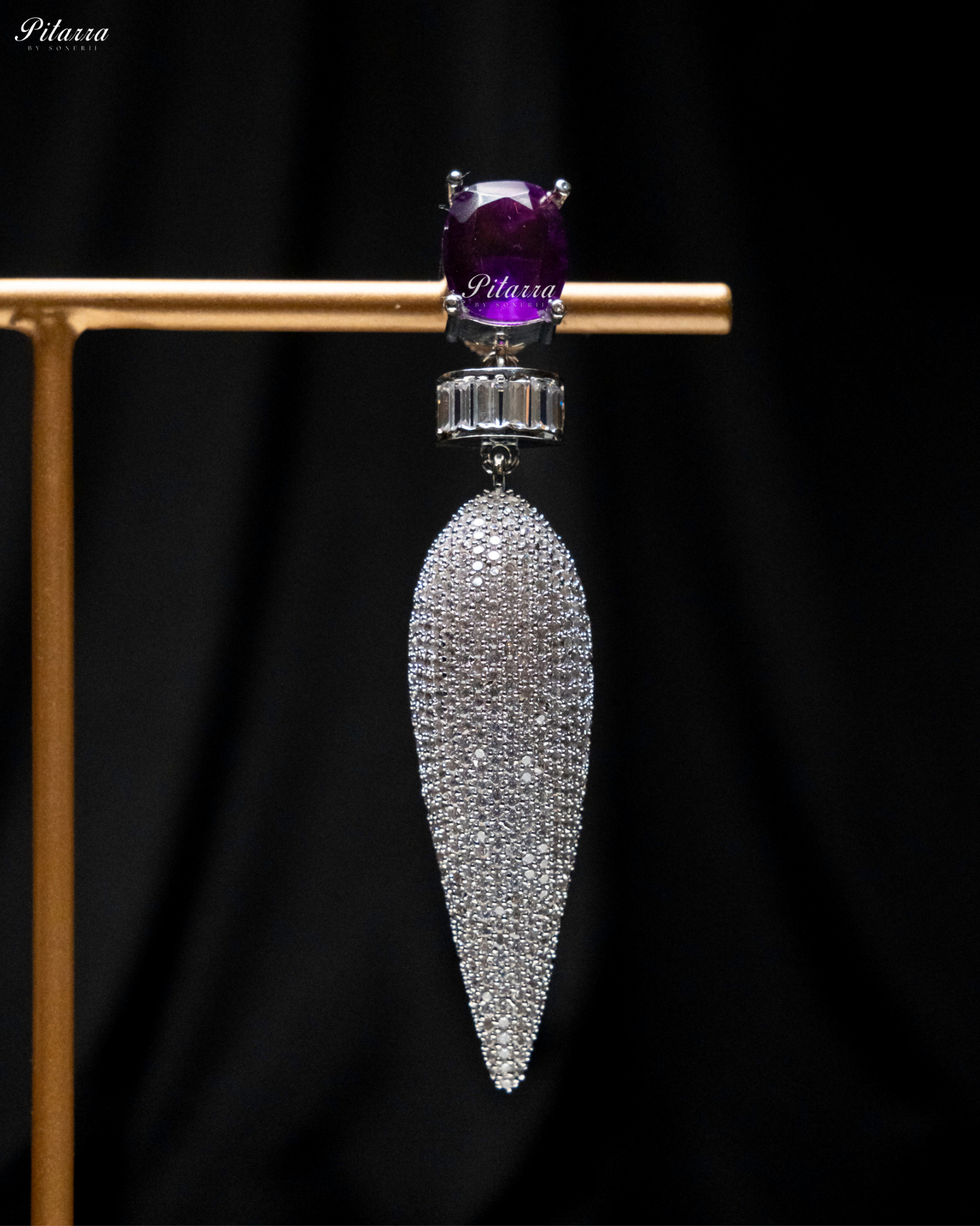 Purple Stone Shiny Teardrop Doublet Dangler Earrings