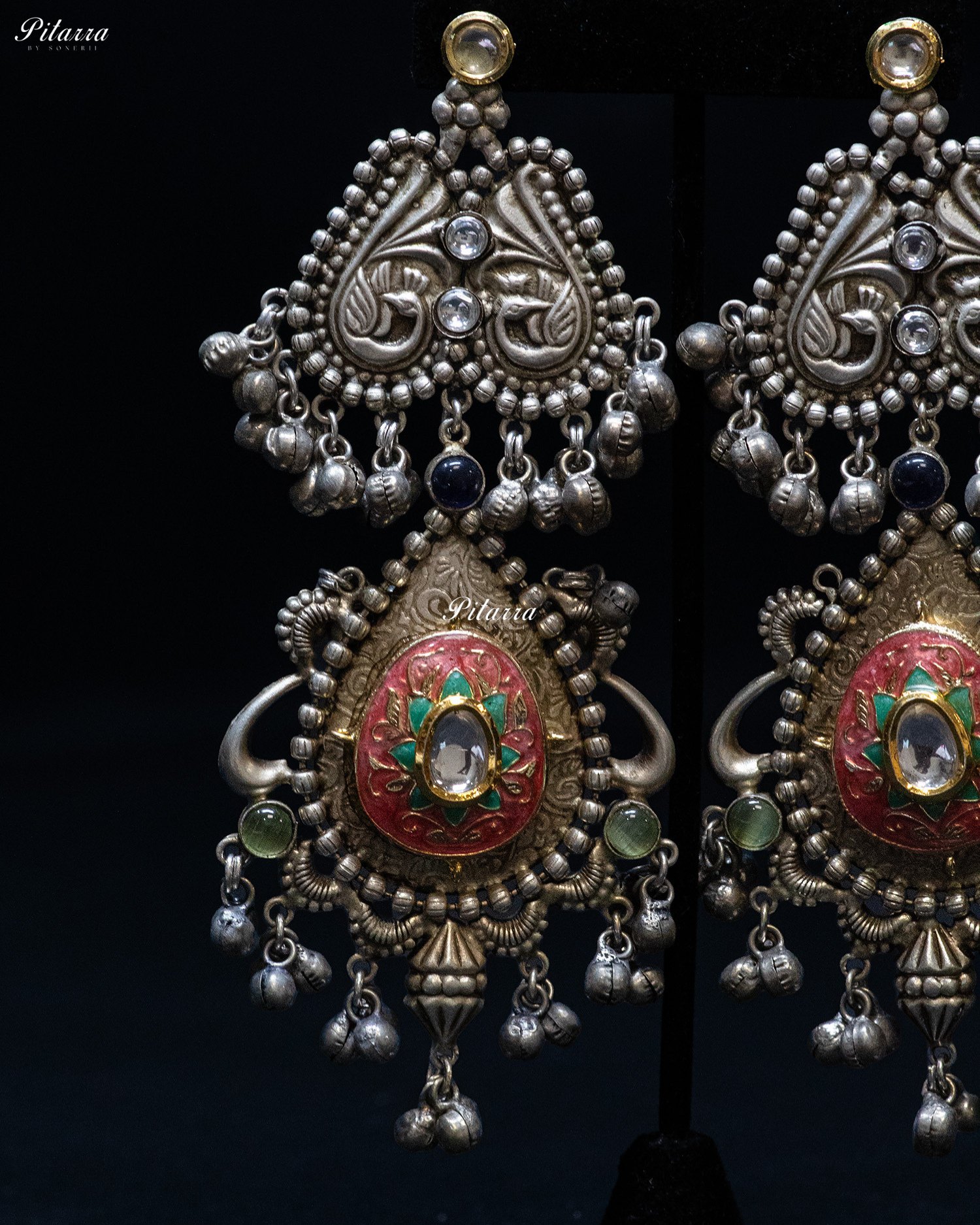 Peacock Design Pink Antique Drop Silver Look Alike Dangle Earrings