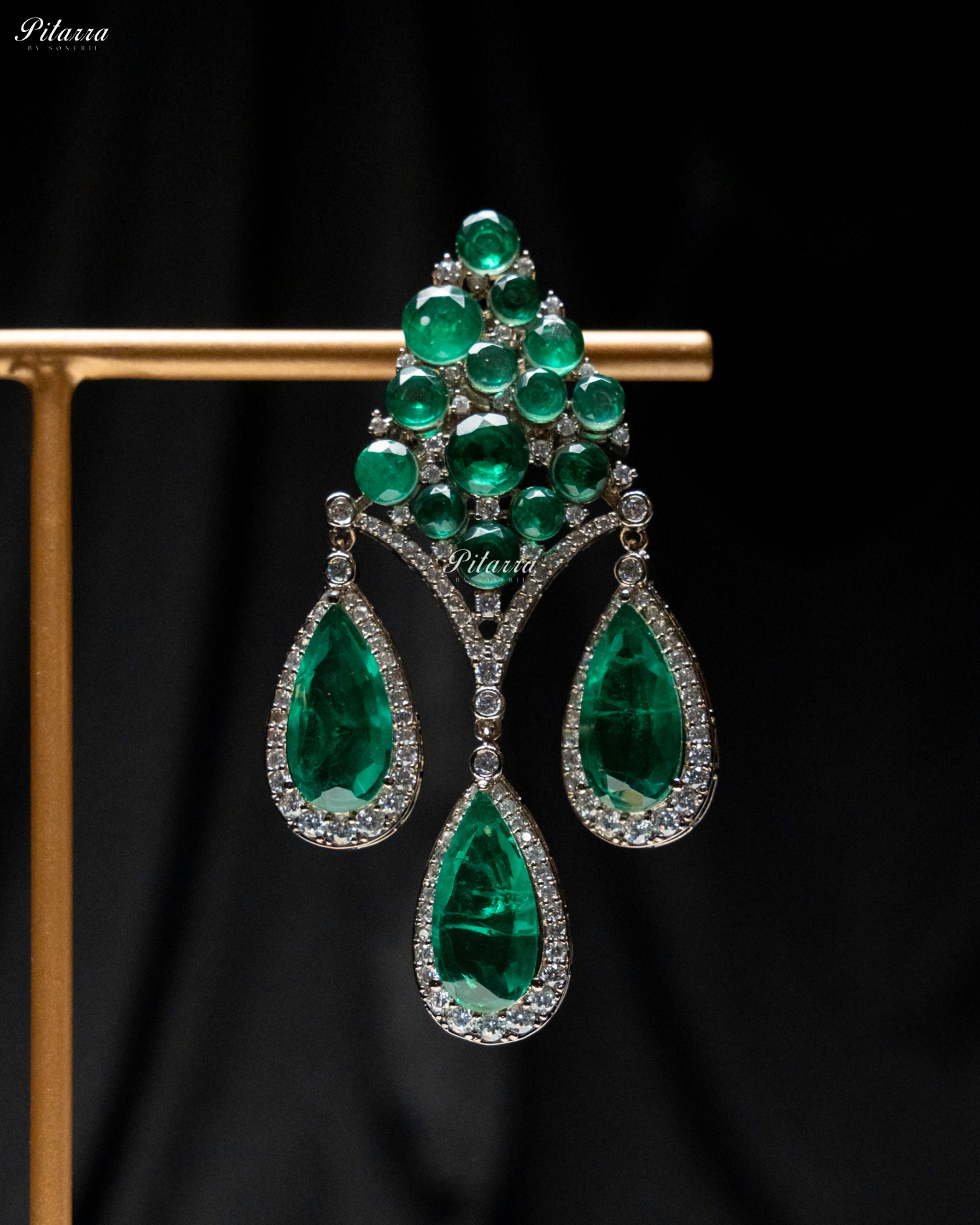 Emerald Stone Three Teardrop CZ Doublet Dangler Earrings