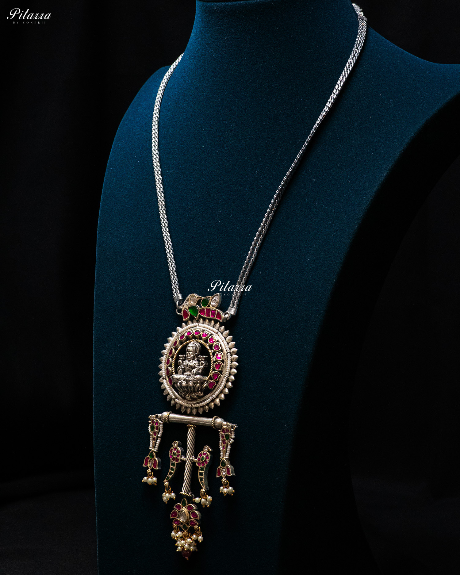 Layer Chain White Stone Laxmi Silver Look Alike Pendant Set