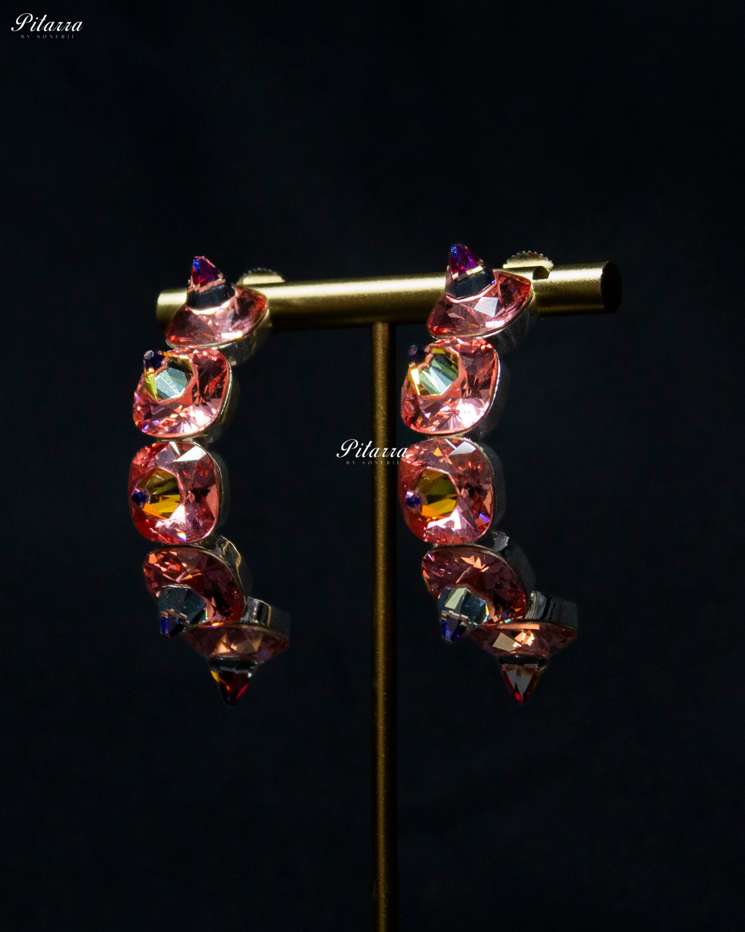 Peach Pink Stone Pyramid Cut Crystal Hoop Earrings