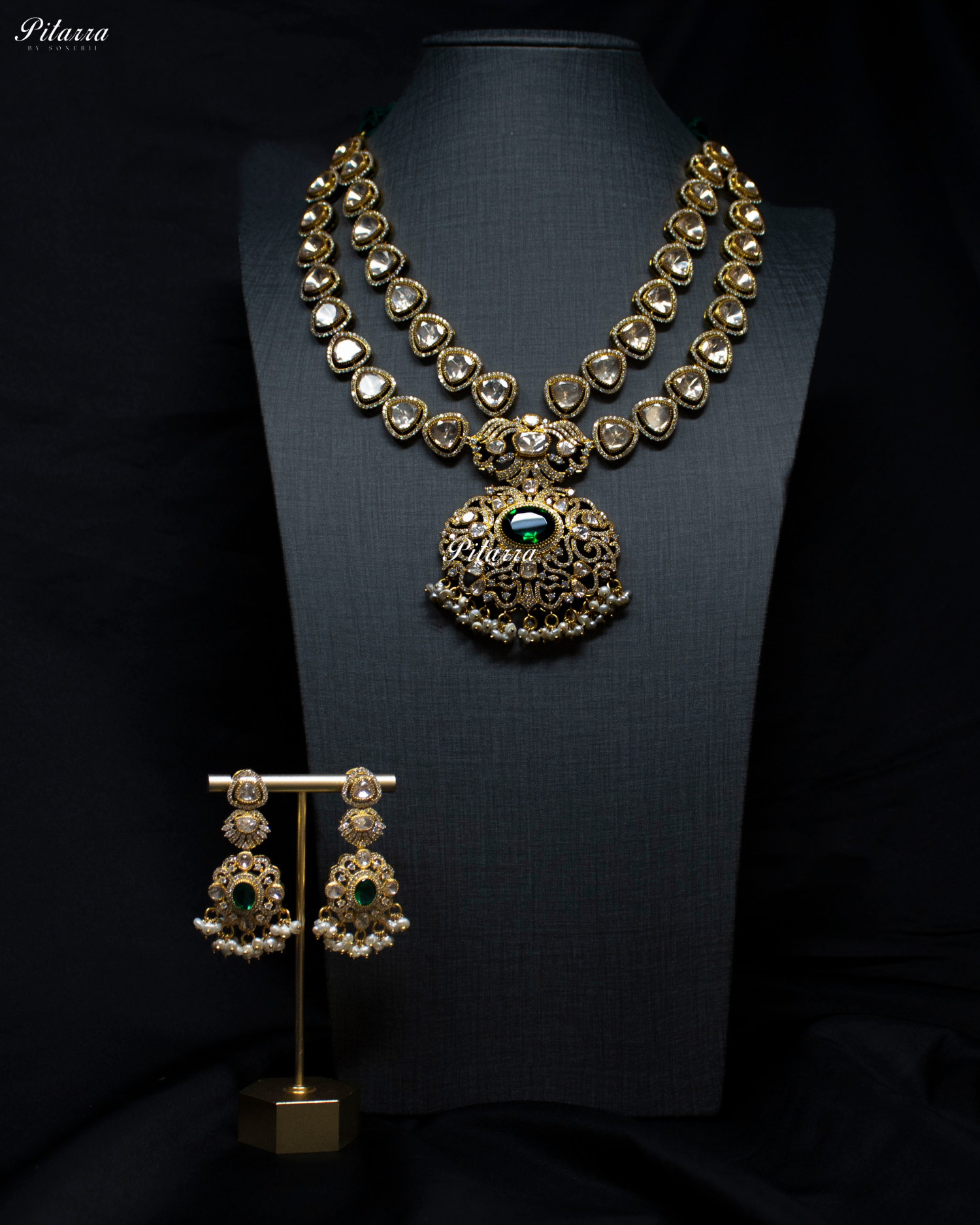 Victorian Double Layered Emerald Stone 92.5 Silver Necklace