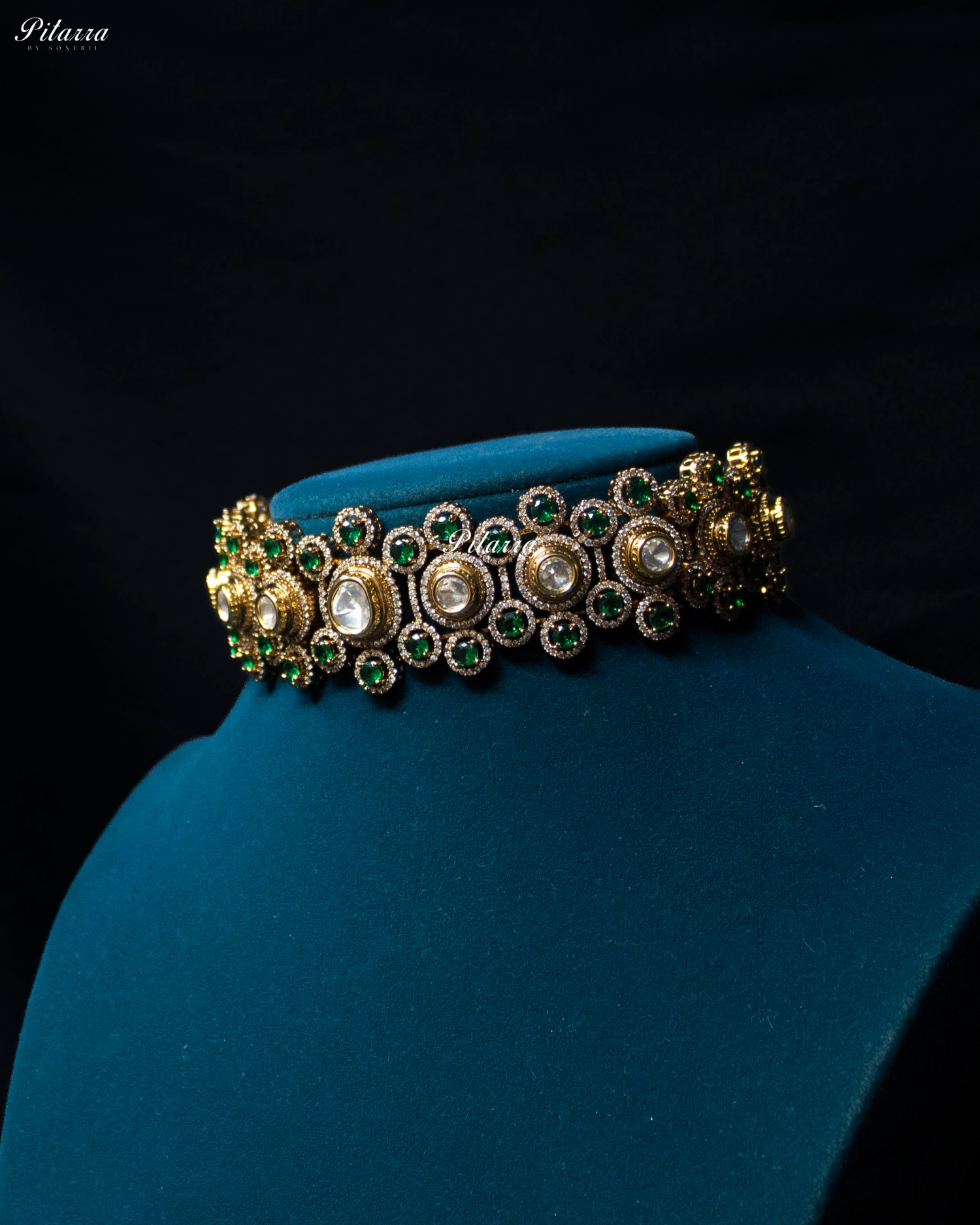 Emerald Stone Gold Finish Moissanite Kundan Choker Set