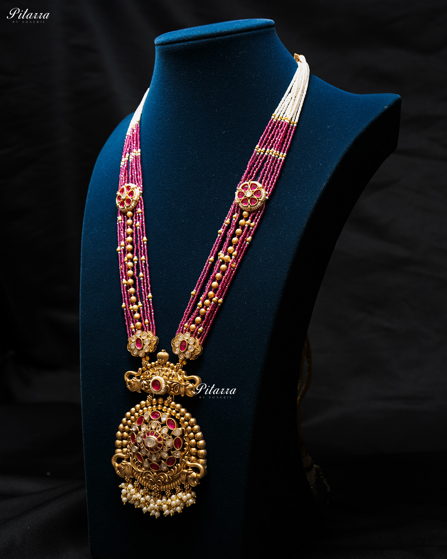 Pink Stone Pink Beads Rajwadi Kundan Necklace Set
