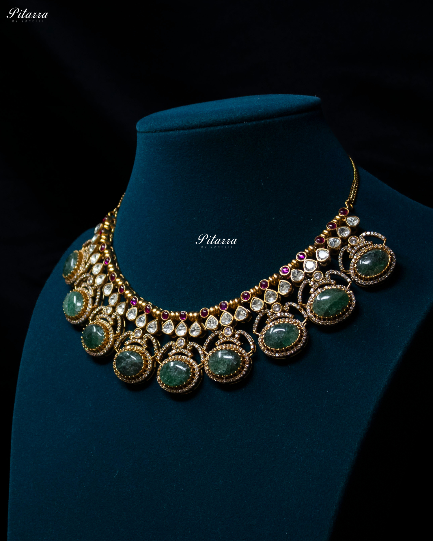 Pitarra Emerald Stones Moissanite Kundan Necklace Set