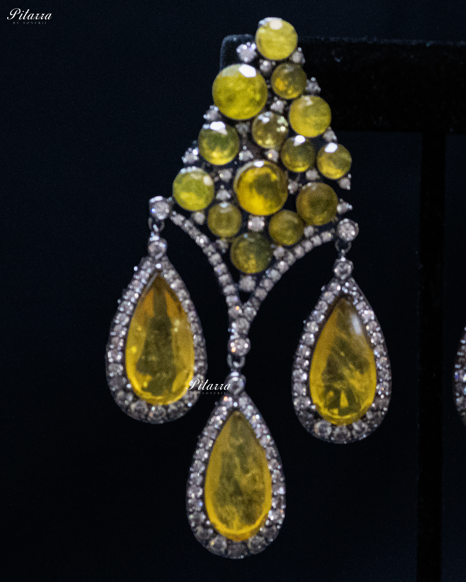Yellow Stone Three Teardrop Golden Finish CZ Crystal Dangler Earrings