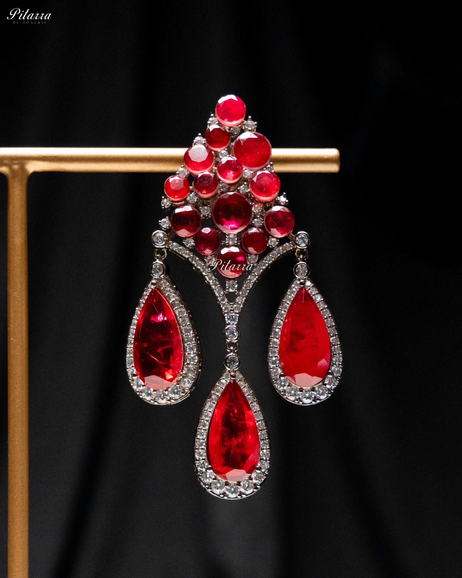 Red Stone Three Teardrop CZ Doublet Dangler Earrings