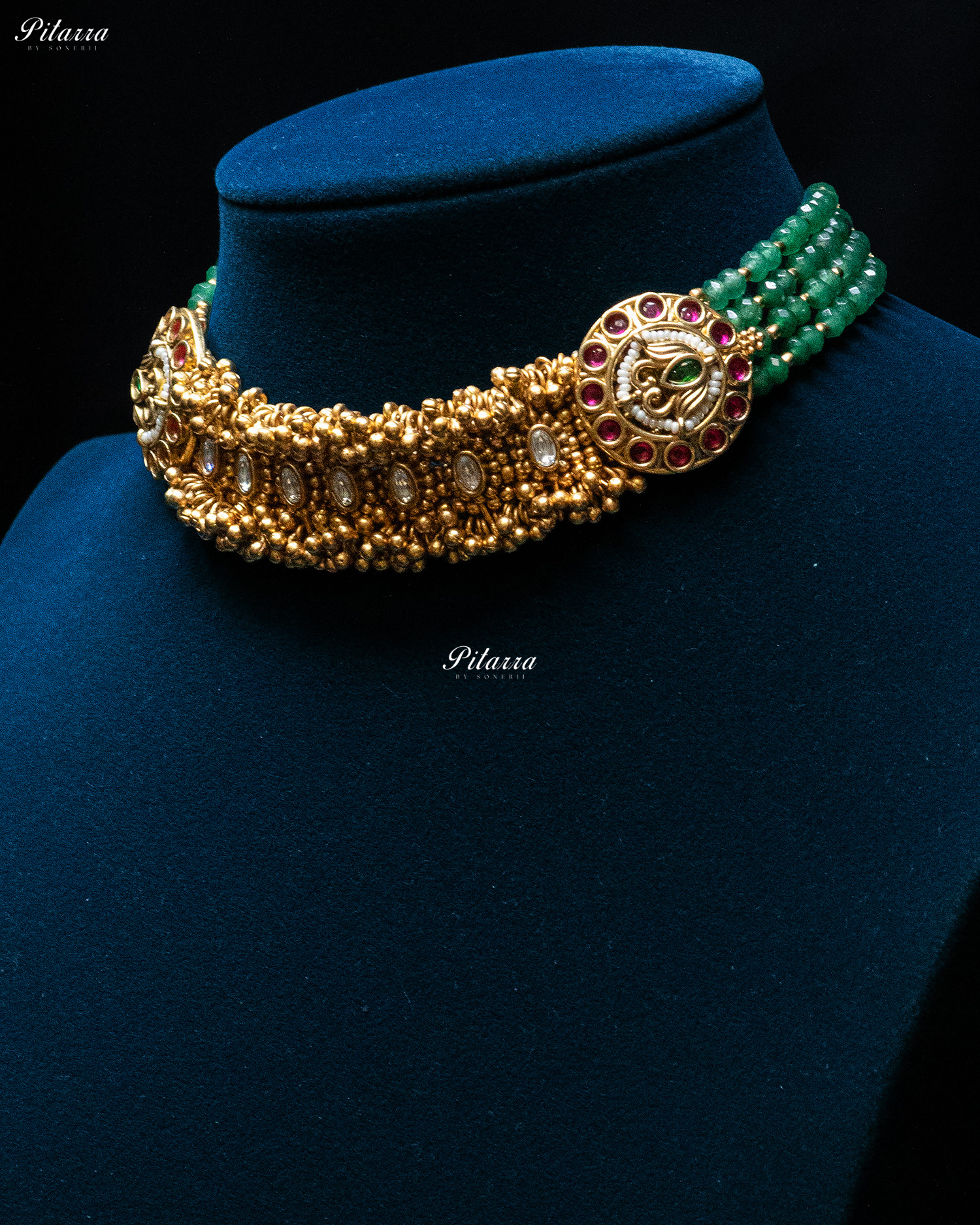 Pink Stone Green Beads Rajwadi Choker Set