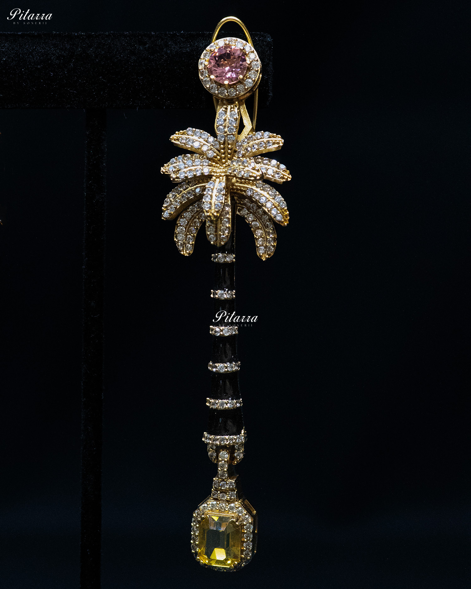 Pink and Yellow Stone Palm Tree Crystal Earrings