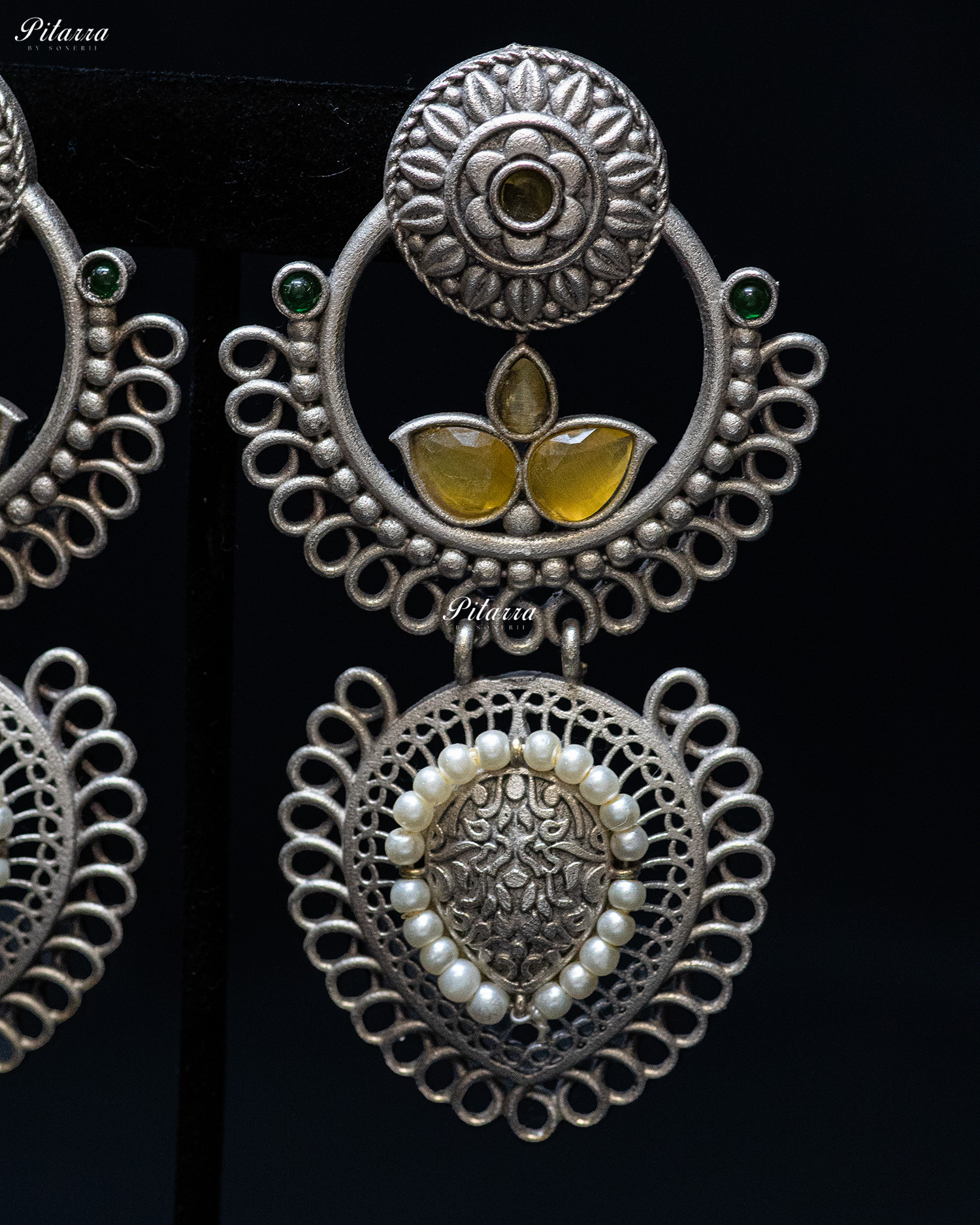 Yellow Stone White Pearl Silver Look Alike Dangler Earrings