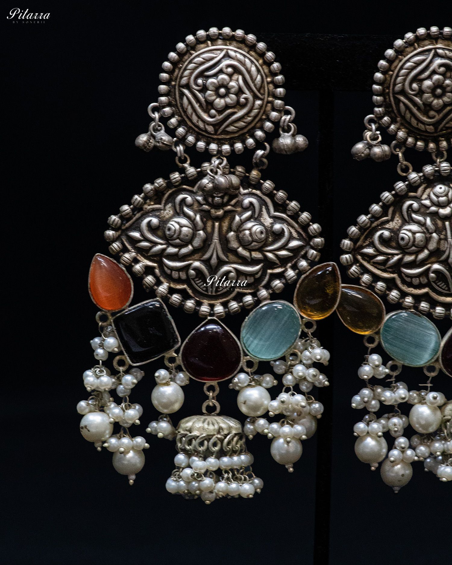 Drak Red Drop Stone Silver Look Alike Dangler Earrings