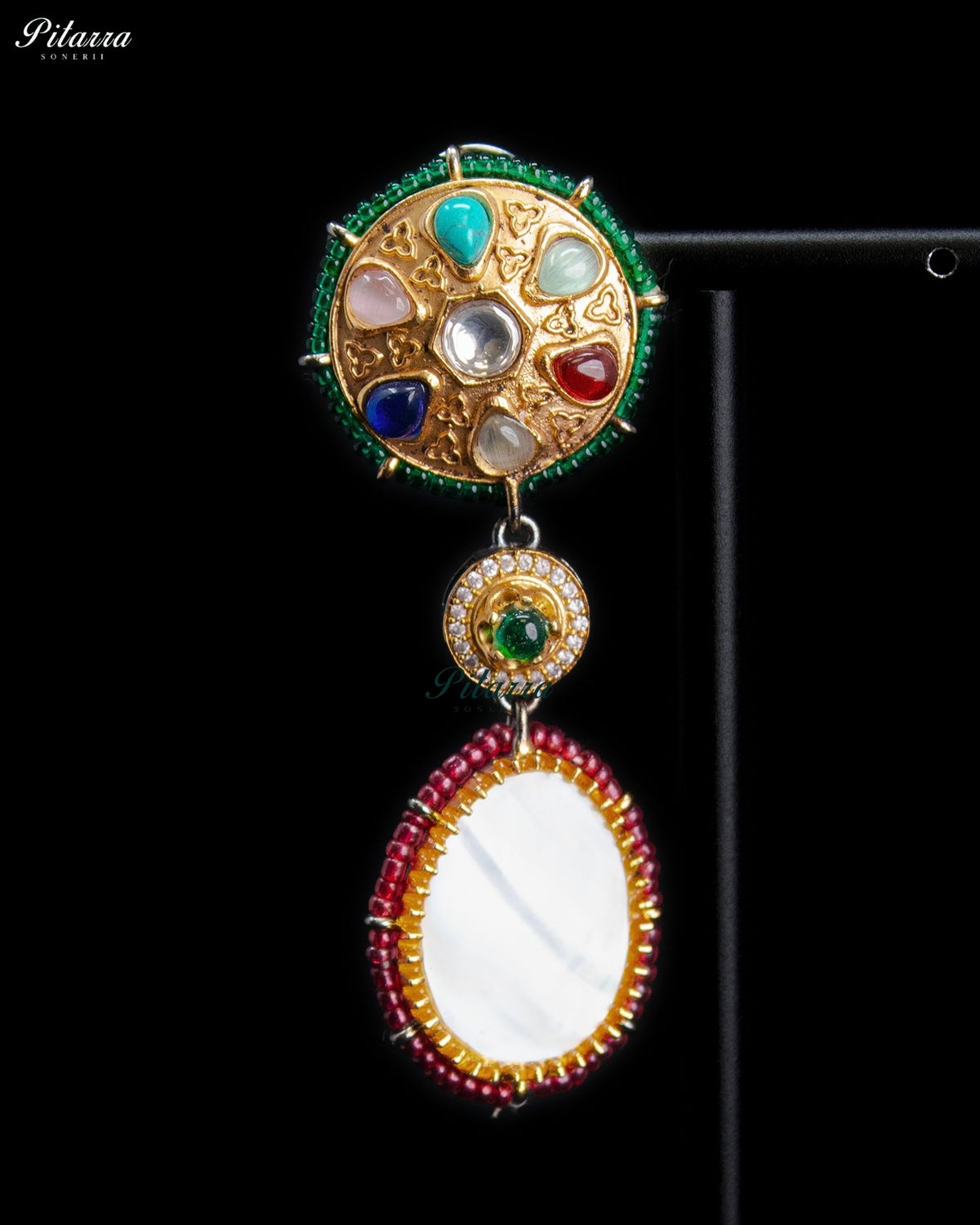 Royal Navratna Inspired Multicolor Kundan Gold Tone Dangler Earrings - Red & Green