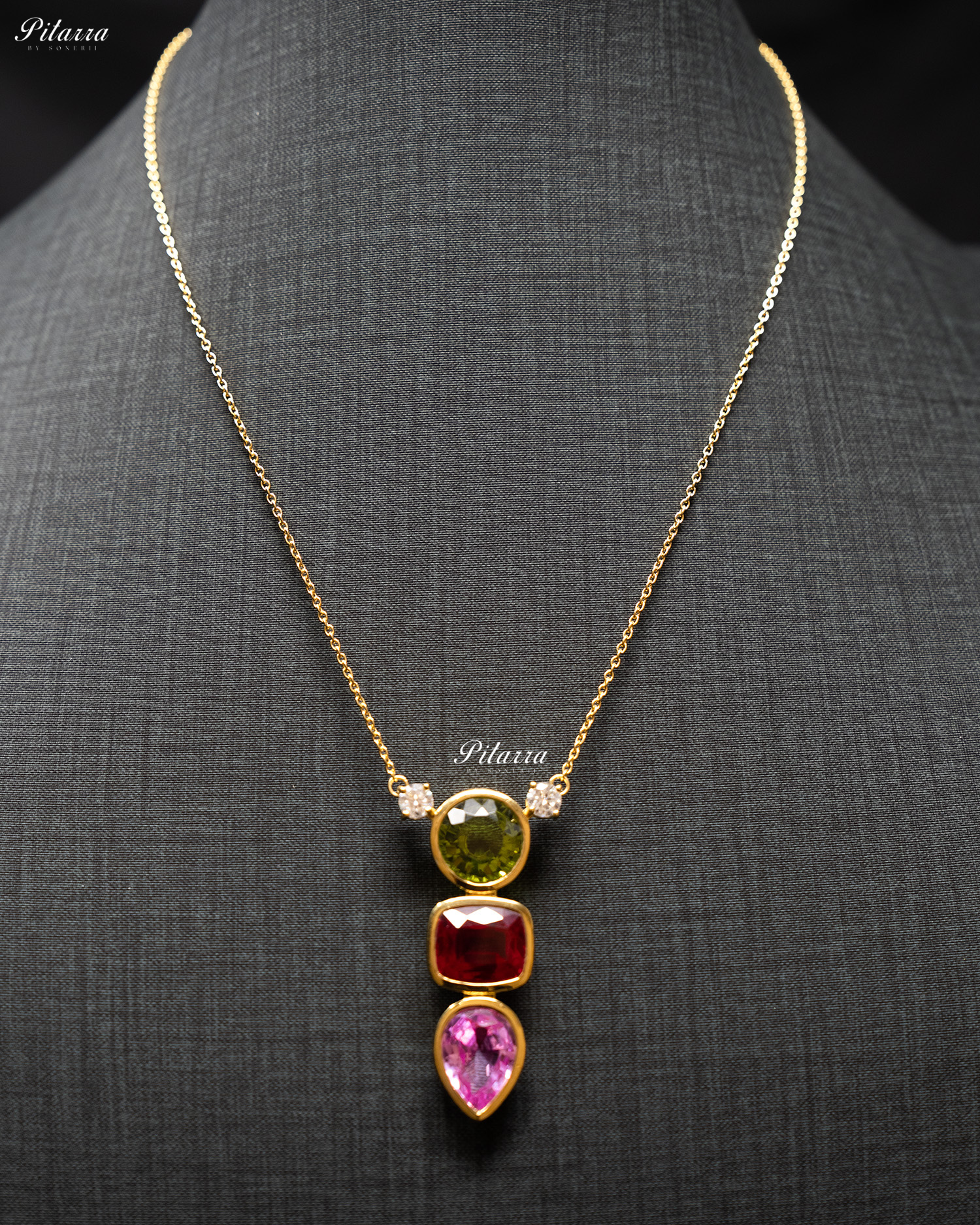 Gold Chain Round Green Top Stone Pink Drop Pendent Set